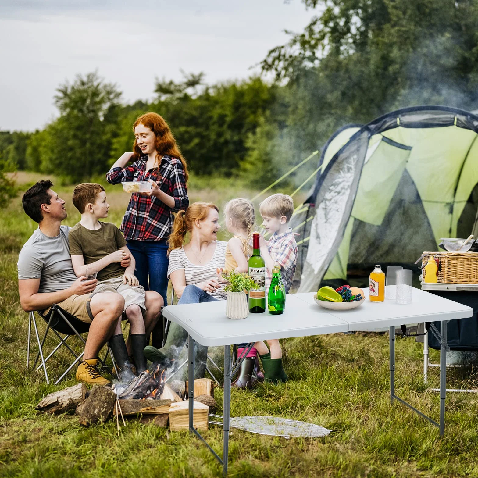KOMFOTTEU Tavolo Pieghevole Regolabile in Altezza 120x60x74,5 cm Bianco HDPE Ferro Campeggio Picnic