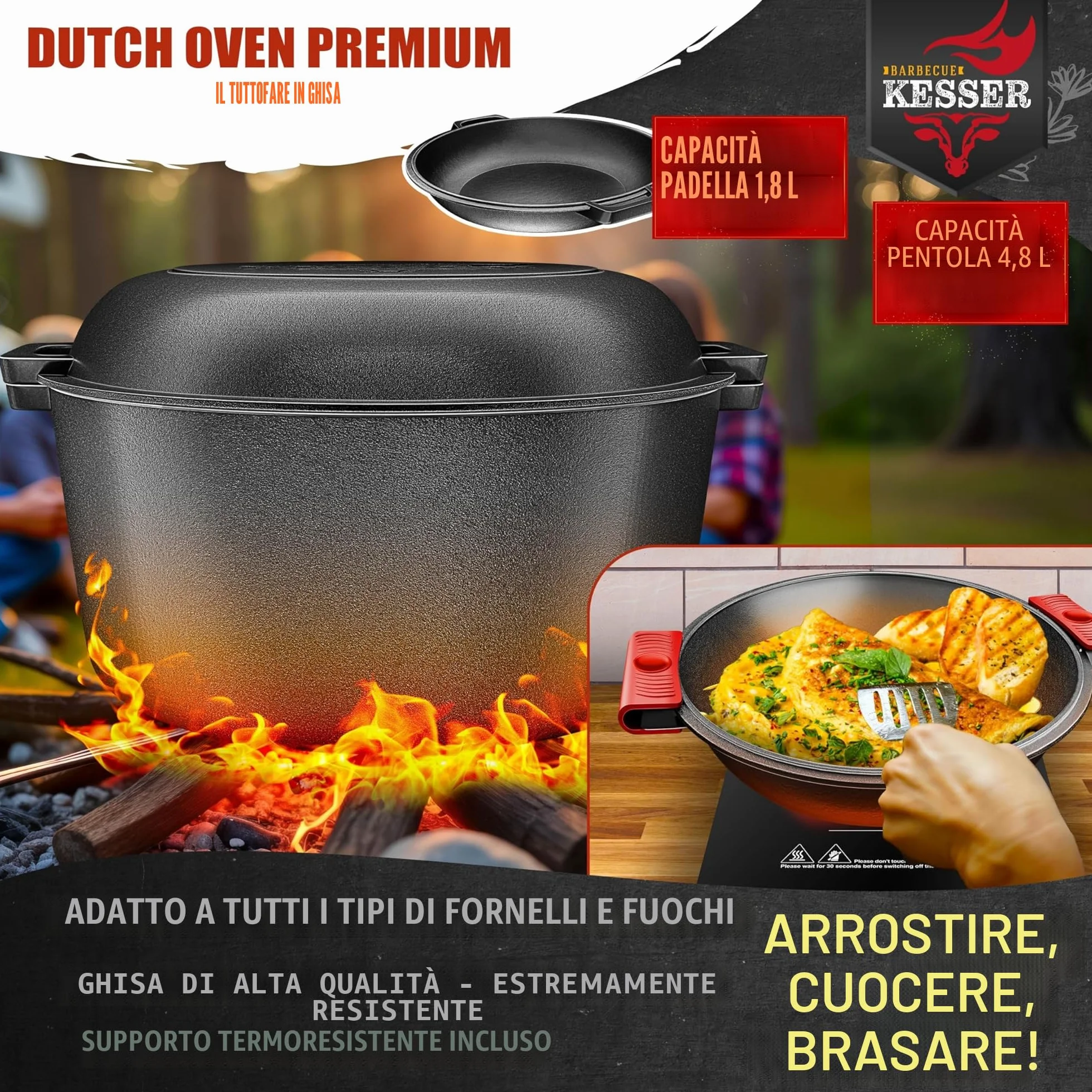 KESSER® Forno Olandese pentola in ghisa 2in1 da 4,8 l e padella da 1,8 l pronta per l'uso incl. Ricettario Casseruola Coperchio/padella a doppia funzione