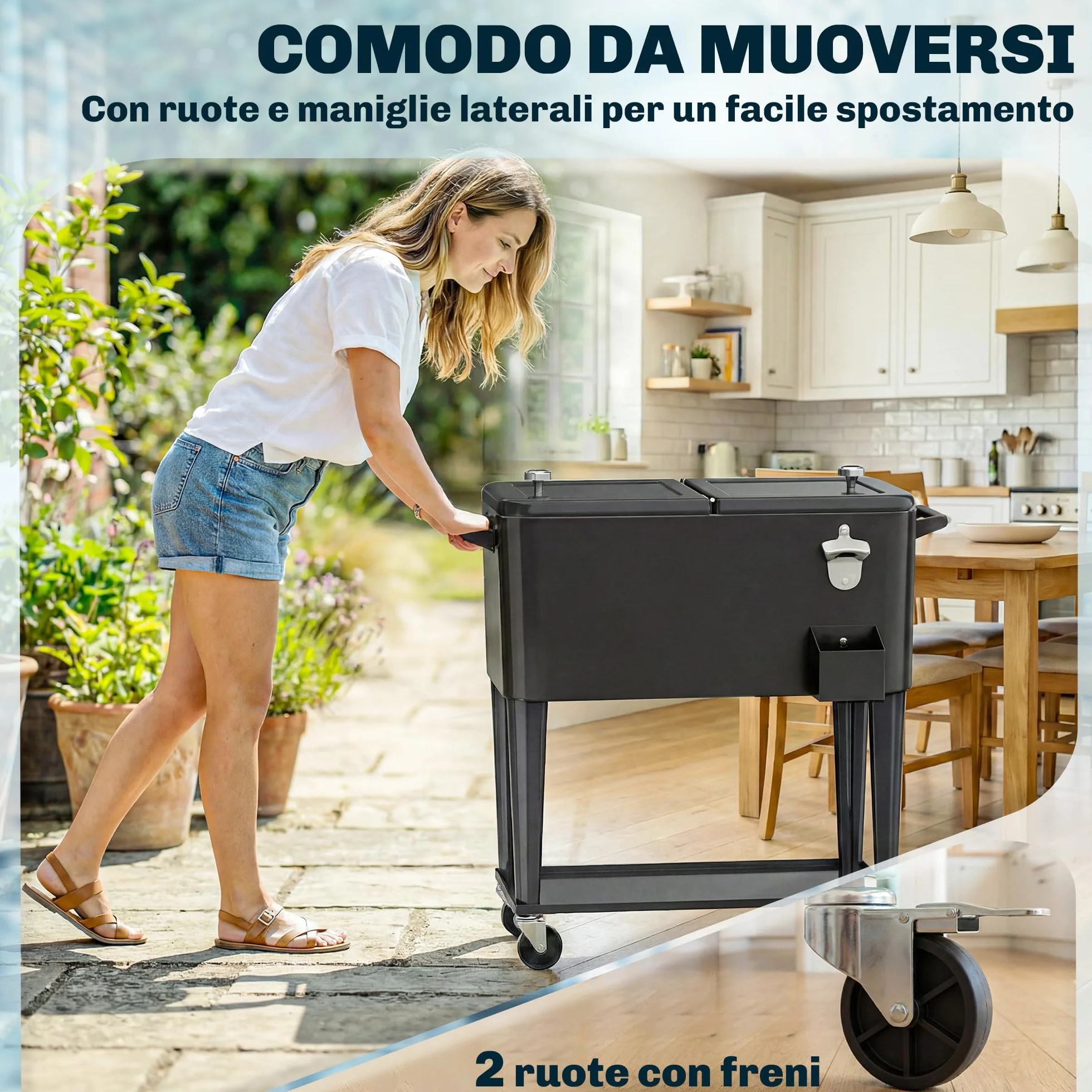 Outsunny Ghiacciaia da Giardino 76L, Carrello Portavivande con Ruote Bloccabili, Nero