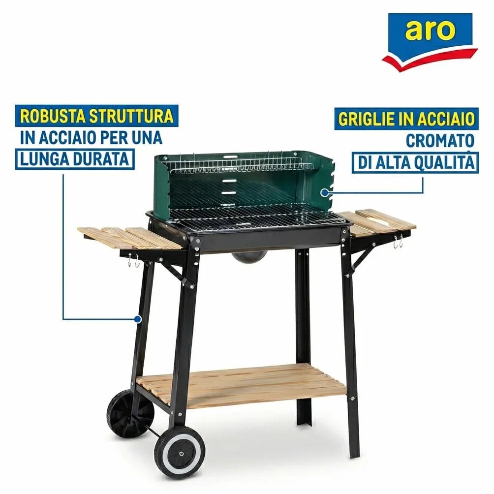 Aro Barbecue a Carbonella in Acciaio e Legno, 2 Griglie Regolabili, Tavolini Laterali, Ruote, Paravento, Verde