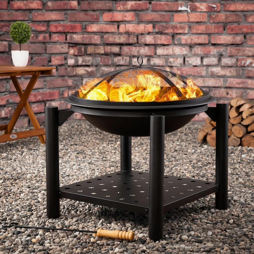 Deuba Braciere Rotondo Ø 55cm Attizzatoio Parascintille Ripiano Portaoggetti Camino Giardino Stufa
