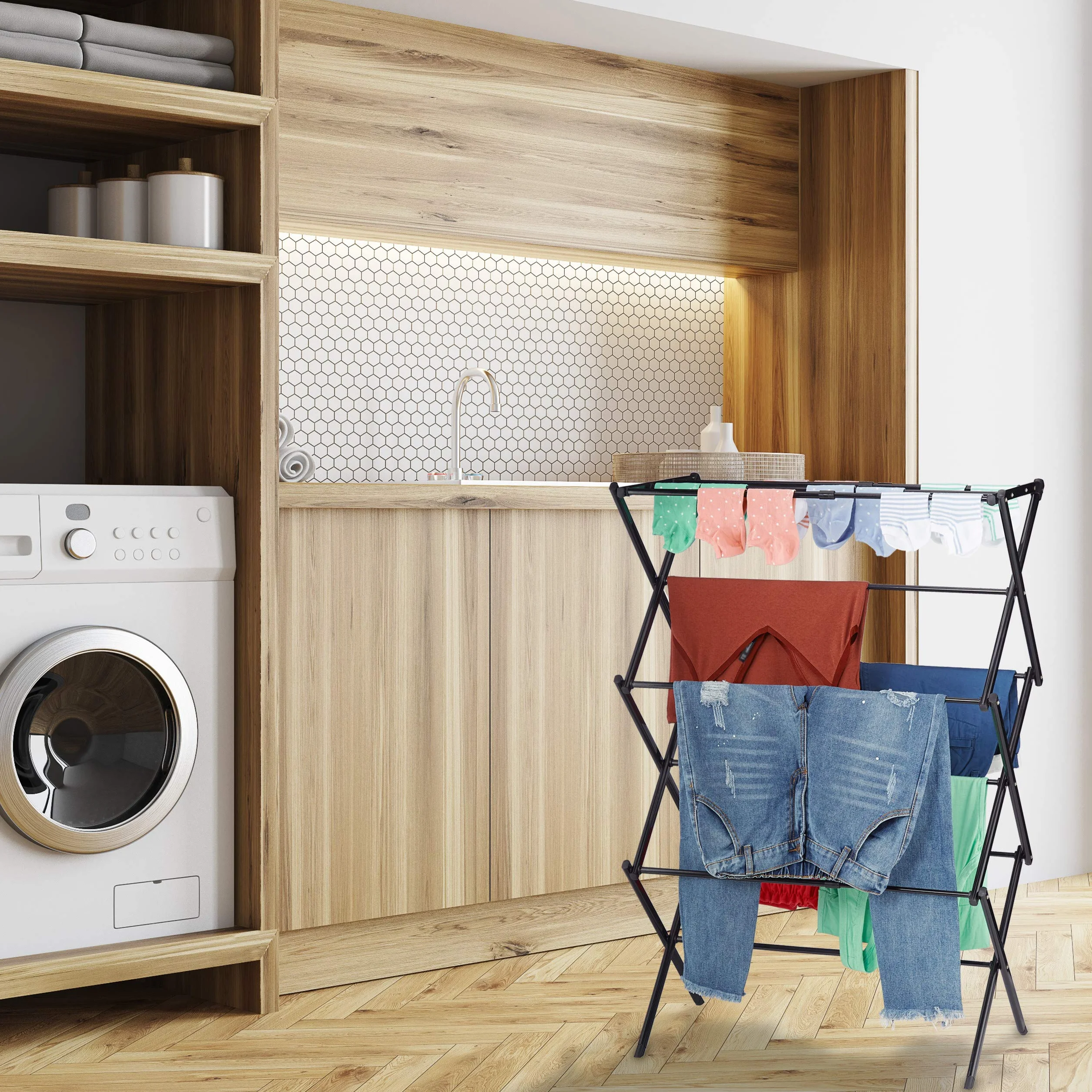 Relaxdays Stendibiancheria Pieghevole Verticale 11 Aste Salvaspazio Stendino a Torre Metallo Bianco