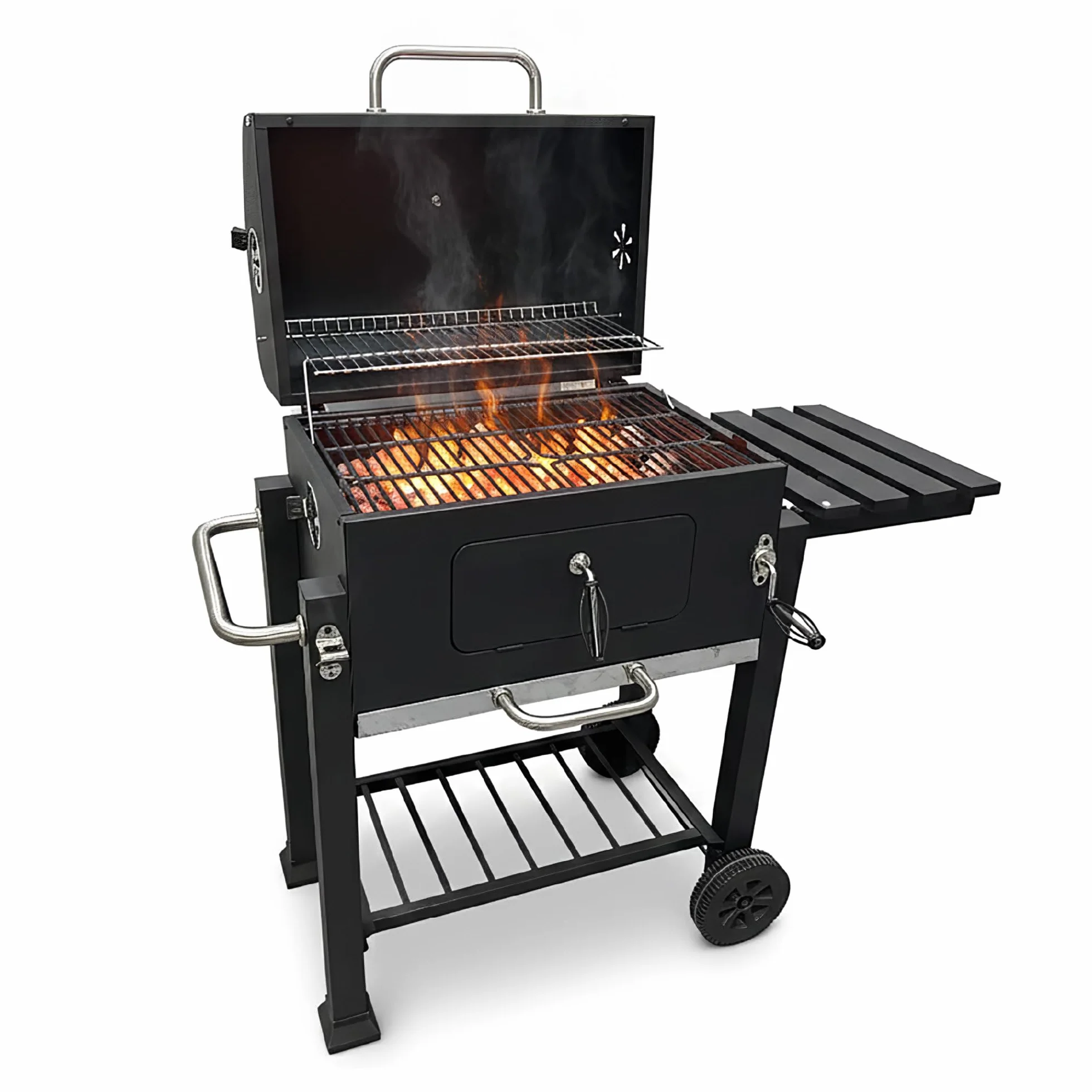 Barbecue a Carbone con Coperchio e Termometro, Griglia di Cottura e Mantenimento, Apertura Frontale, Ripiano Laterale, BBQ da Giardino con Ruote