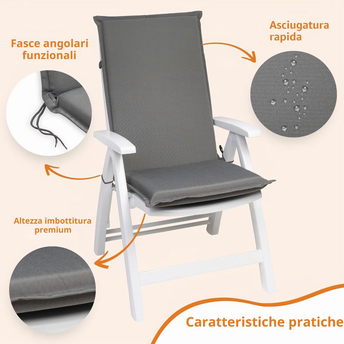 Set di 2 Cuscini per Sedia con Schienale Alto da Giardino, 120 x 50 x 6 cm, Grigio