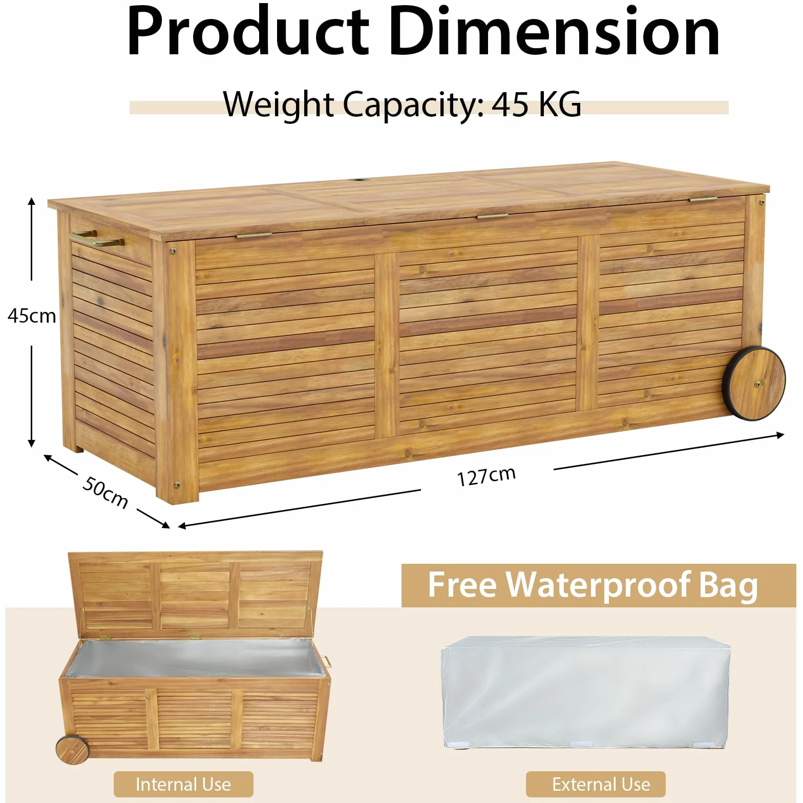 KOMFOTTEU Baule da Giardino 182 L con Ruote e Maniglie, Contenitore da Esterno con Borsa Interna Resistente all'Acqua, Cassapanca Contenitore da Interno in Legno di Acacia, 127 x 50 x 45 cm