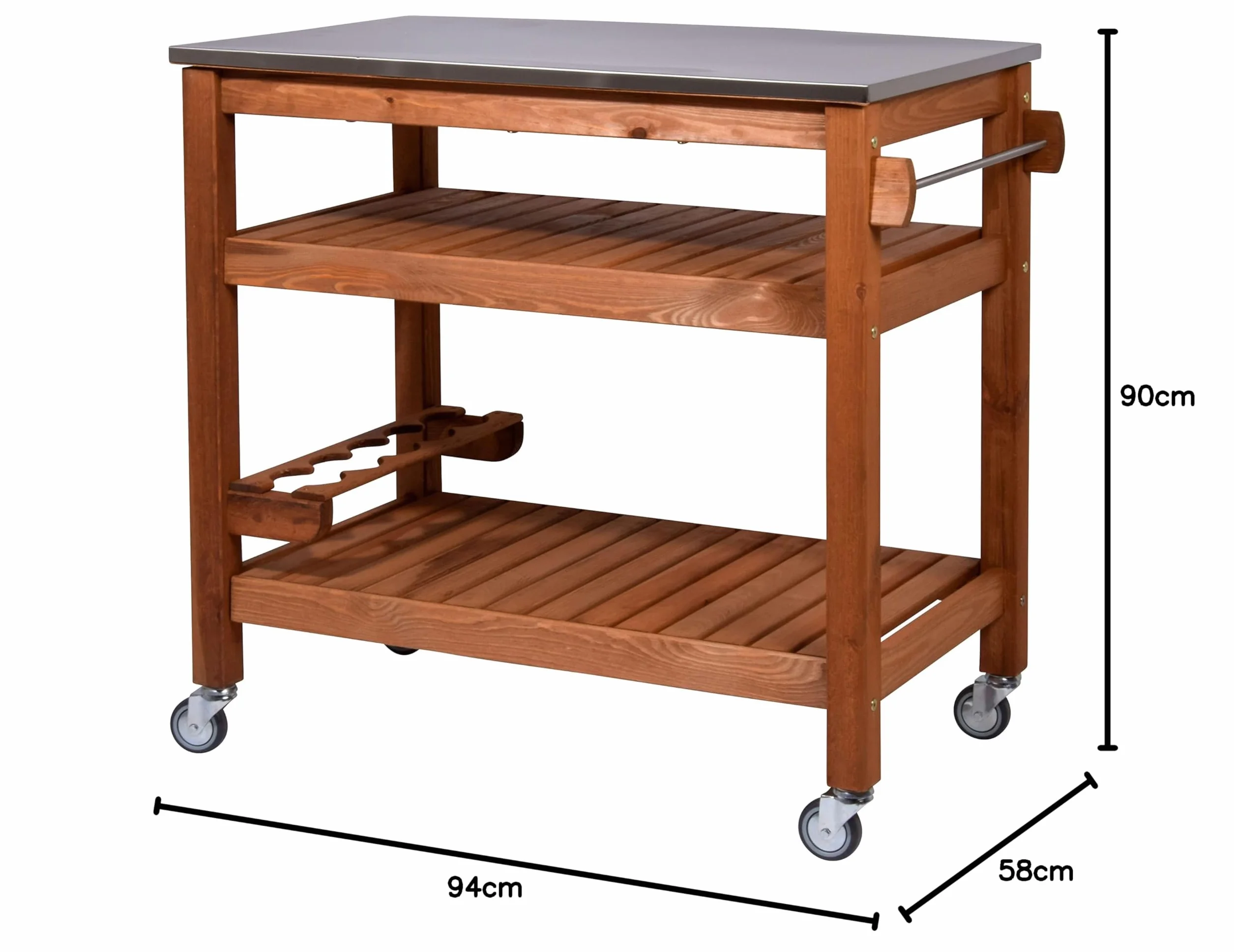 dobar® 35540FSCe Tavolo multifunzione con carrello arrotolabile legno massiccio piastra acciaio inox 94x58x90 cm Marrone