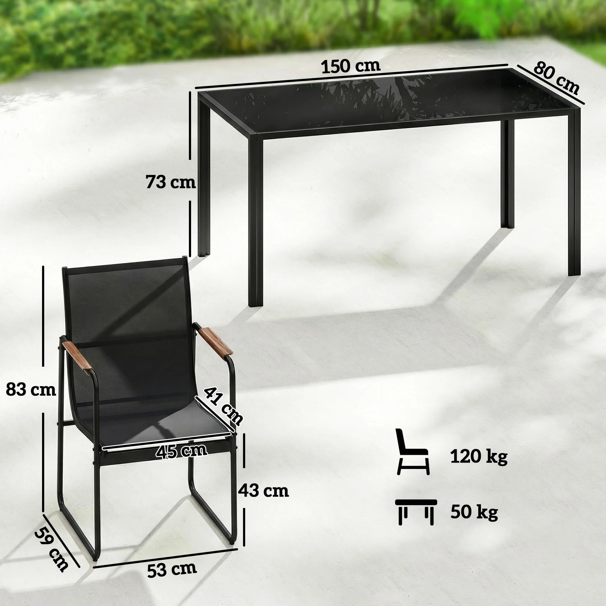 Outsunny Set Tavolo e Sedie da Giardino 7 Pezzi, Pranzo Esterno con Tavolo in Vetro Temperato, Sedie Texteline Traspirante, Acciaio, Nero