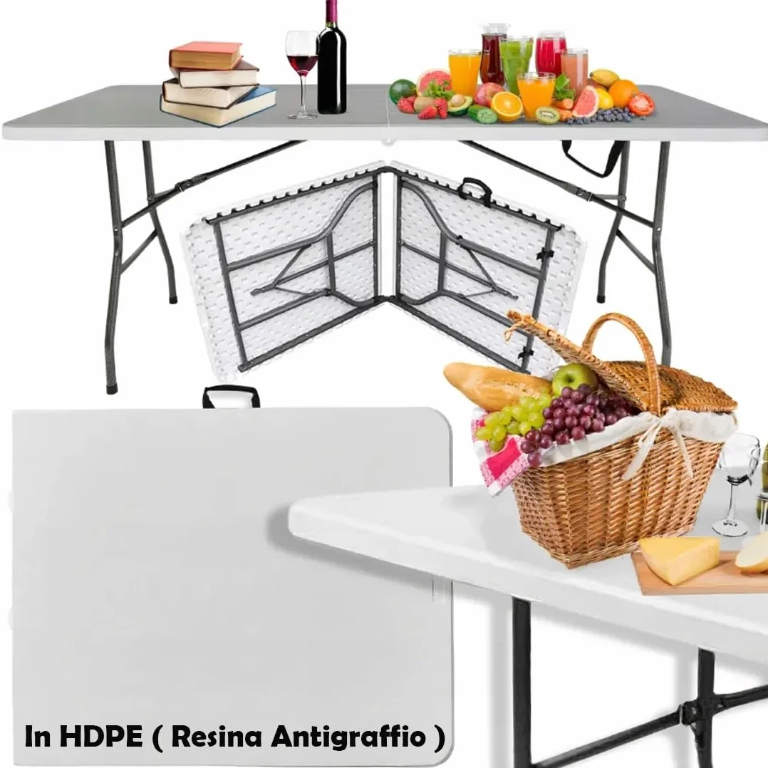 BAKAJI Tavolo Pieghevole in Resina HDPE 183x76x72cm Struttura in Metallo Rinforzato