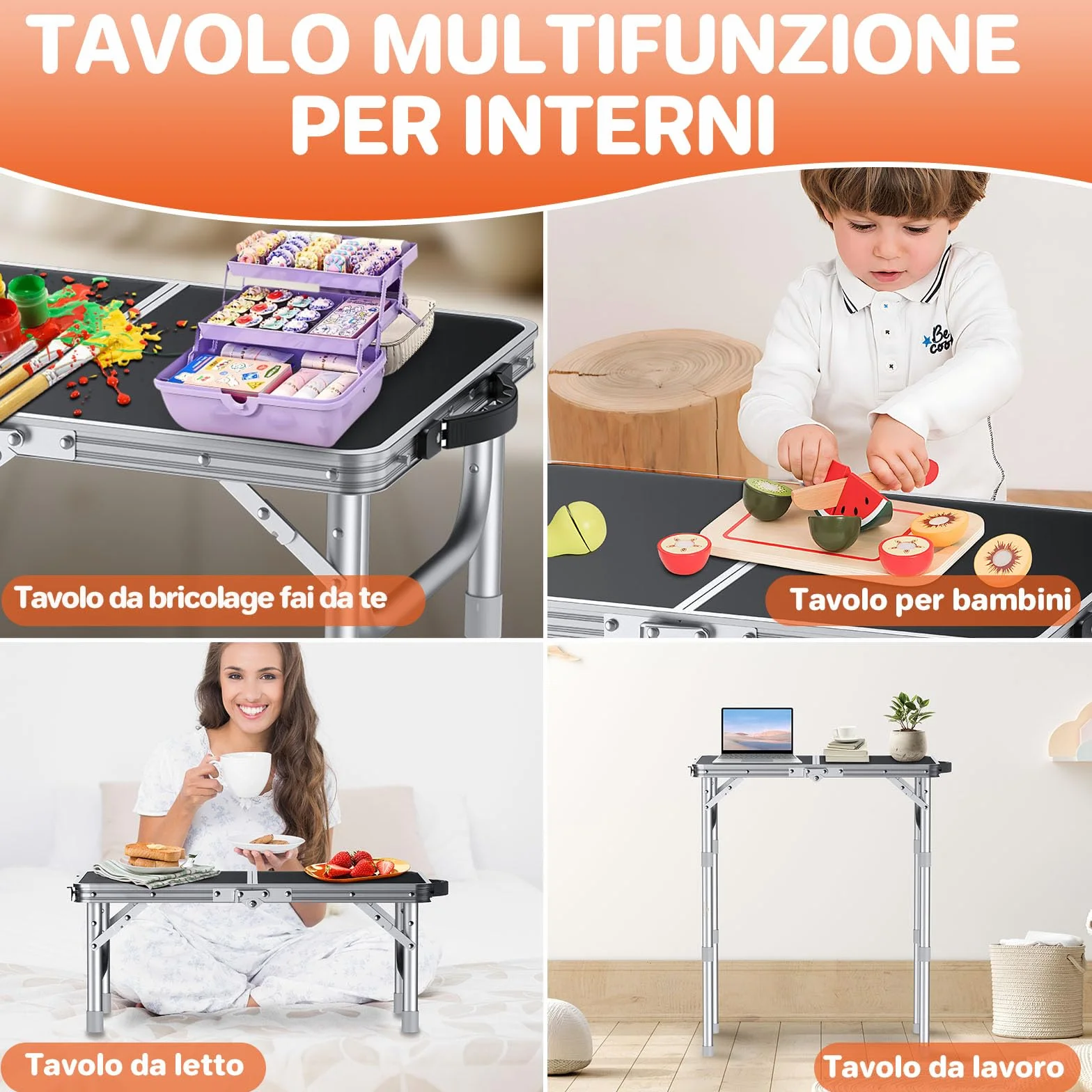 FUNYKICH Tavolo da Campeggio Pieghevole 58x40 cm Alluminio 3 Altezze Regolabili 26/48/70 cm Maniglia Trasporto MDF Argento