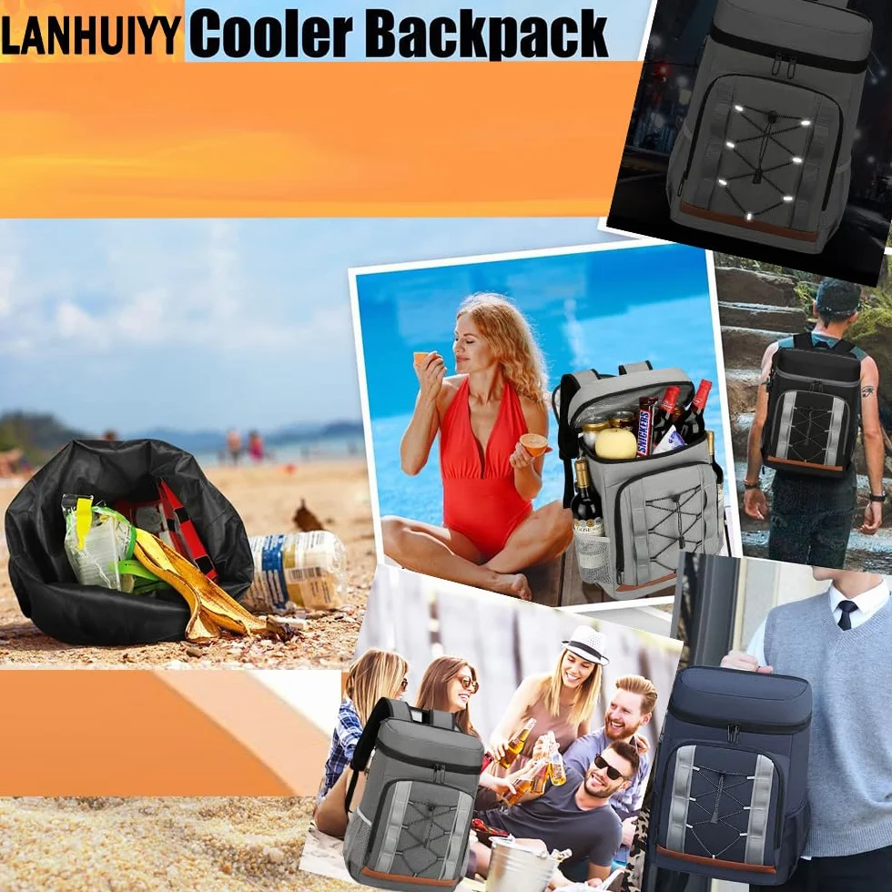 Zaino isotermico da 30 litri, grande borsa per uomo e donna, ideale per picnic, barbecue, campeggio, escursioni, shopping (nero)