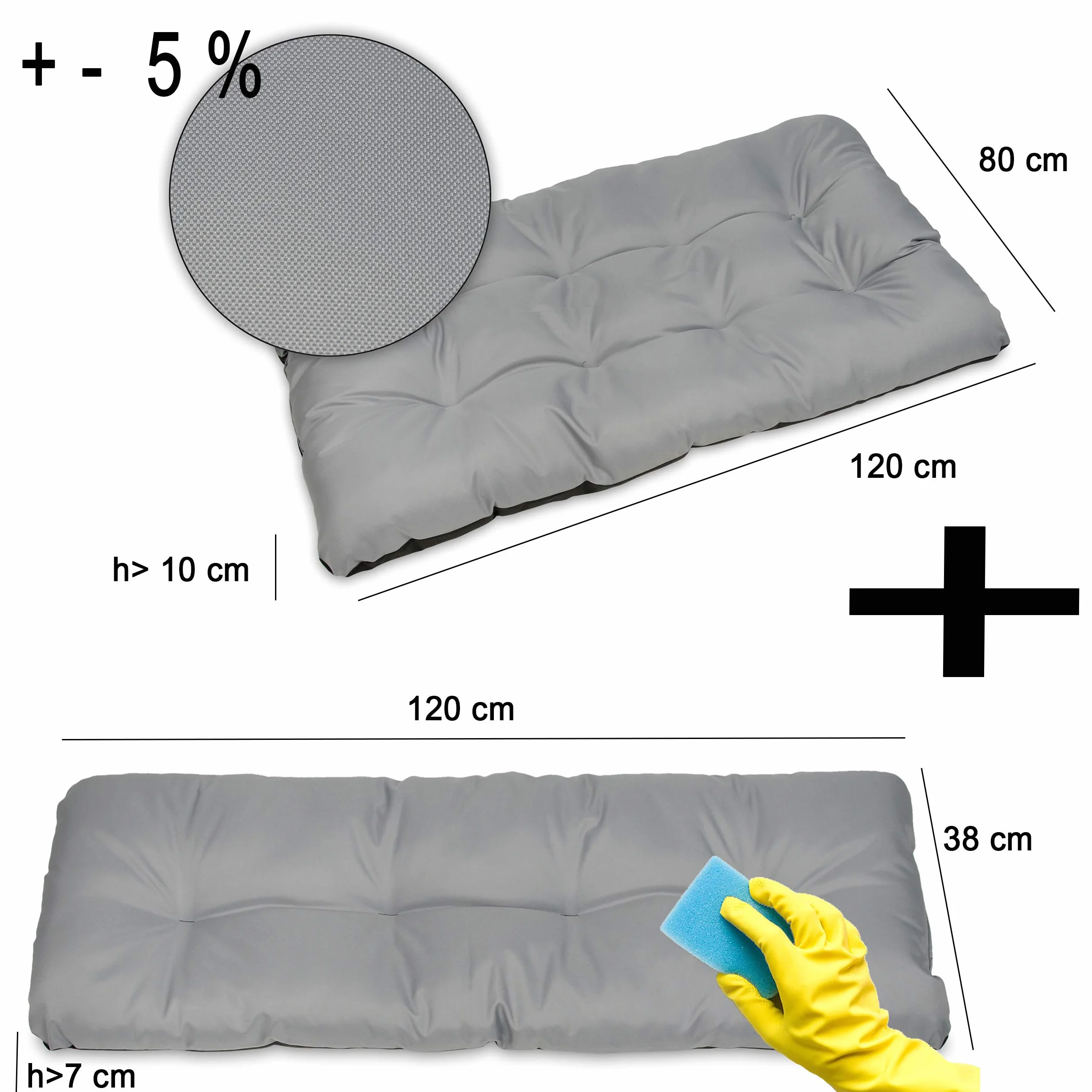 SuperKissen24. Cuscino per Bancale Divano Pallet 120x80 cm con Schienale 120x38 cm Seduta Impermeabile e Comodo per Divanetti da Esterno - Grigio