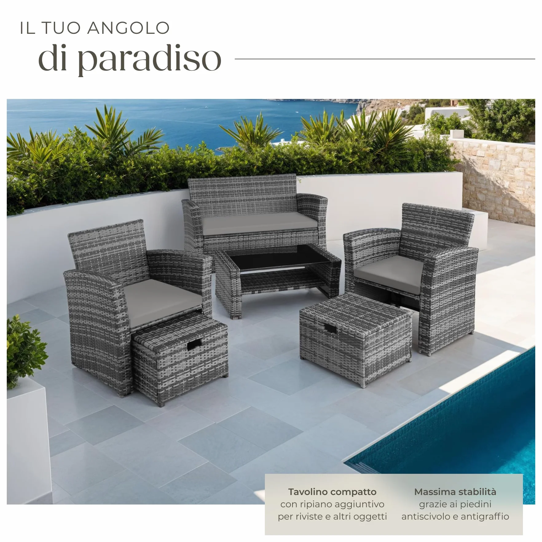 Salottino in Rattan Modena con Telaio in Acciaio e Piano in Vetro, Divano e Poltrone, Morbidi Cuscini, Involucro Protettivo Incluso - Grigio