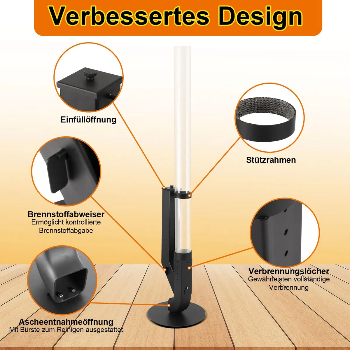 Bruciatore a pellet in acciaio nero 100 cm con vetro borosilicato, valvola combustibile regolabile