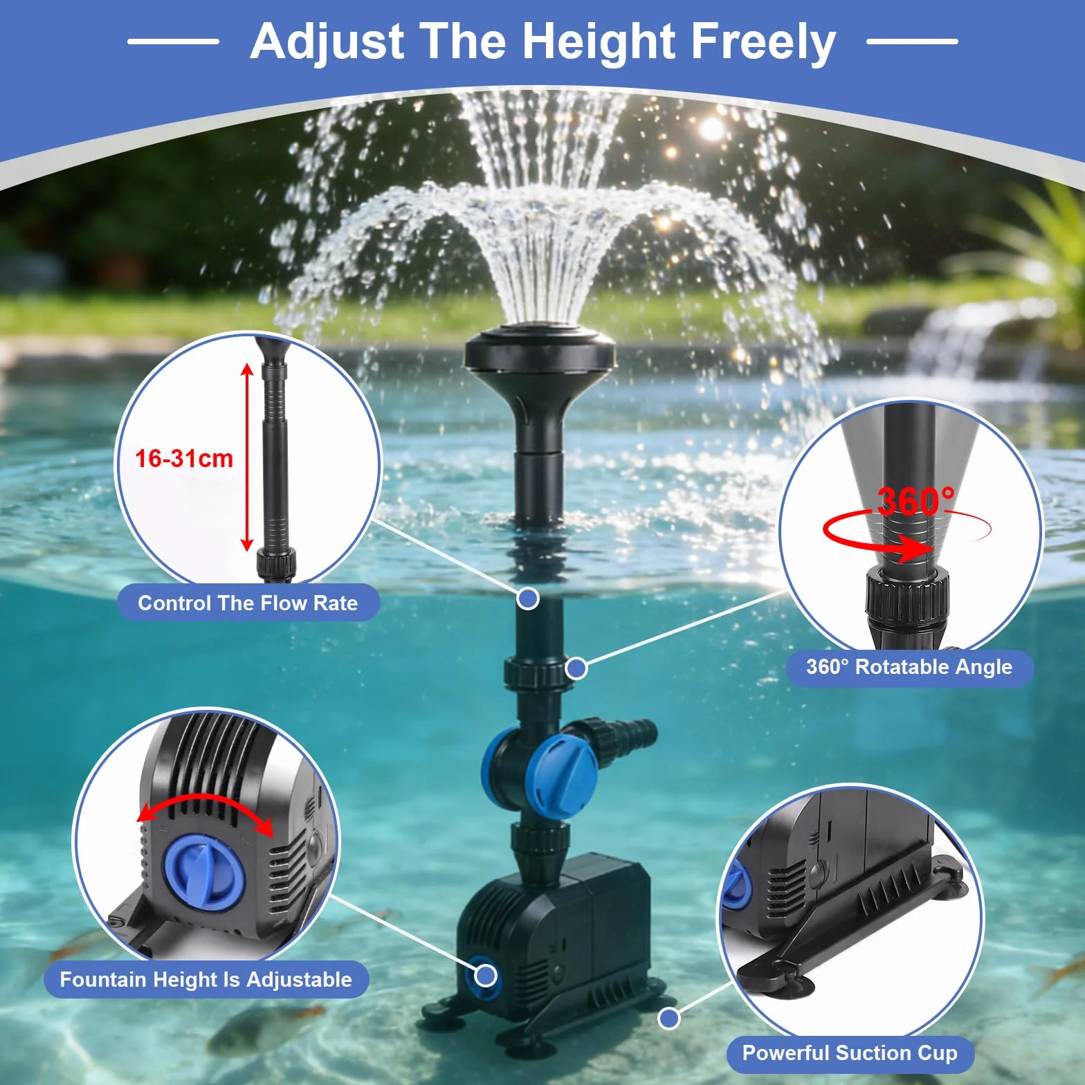 EFUTURETIME Pompa per Laghetto da Giardino 3000l/H 55W, Pompa per Fontana da Esterno Interno 3m Prevalenza, 2 Tipi di Ugelli, 5m Cavo, Pompa per Giochi d'acqua per Paesaggio Acquatico Perfetto