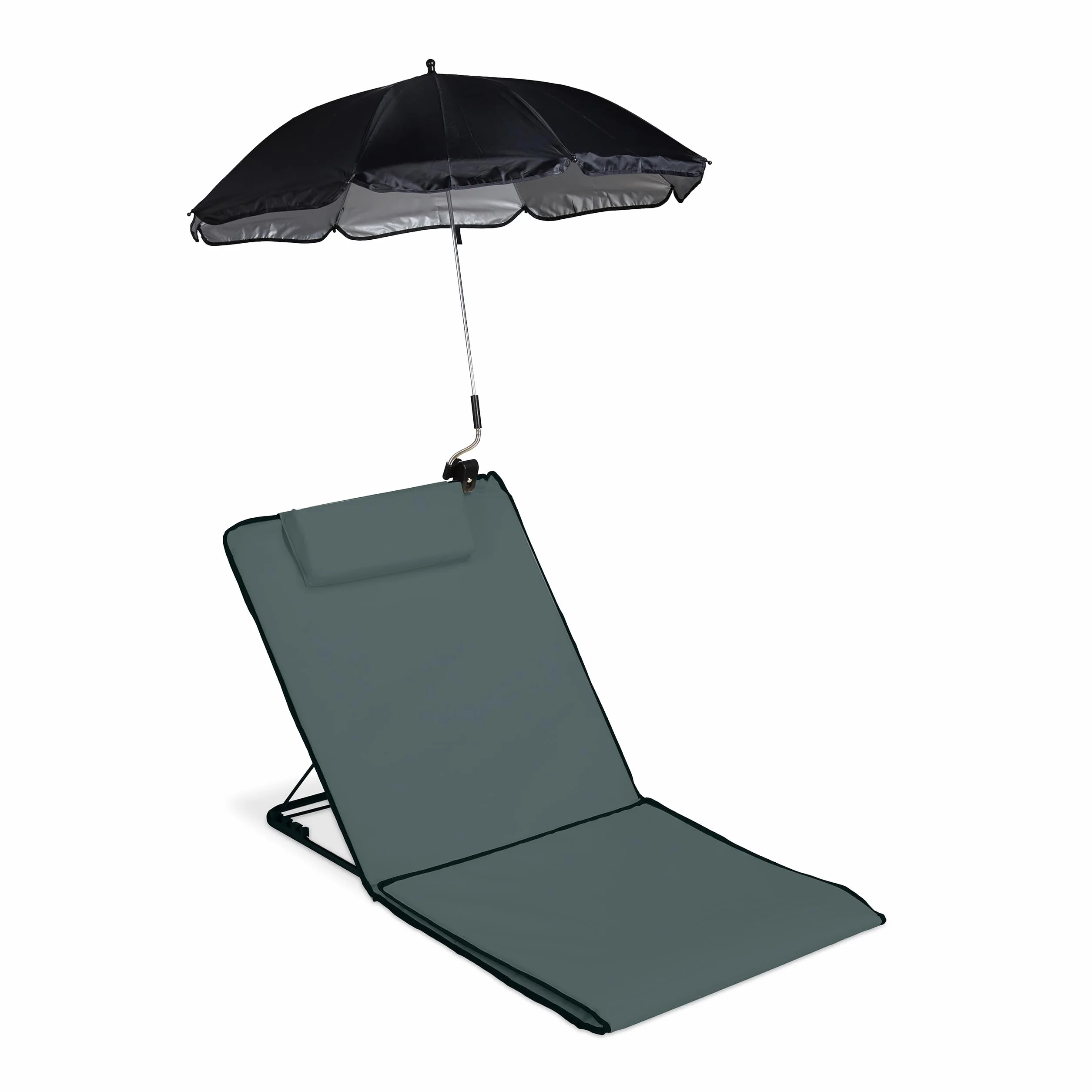 Relaxdays Materassino da Spiaggia, Lettino Imbottito XXL, Ombrellino, Regolabile, Cuscino&Borsa, Pieghevole, Antracite