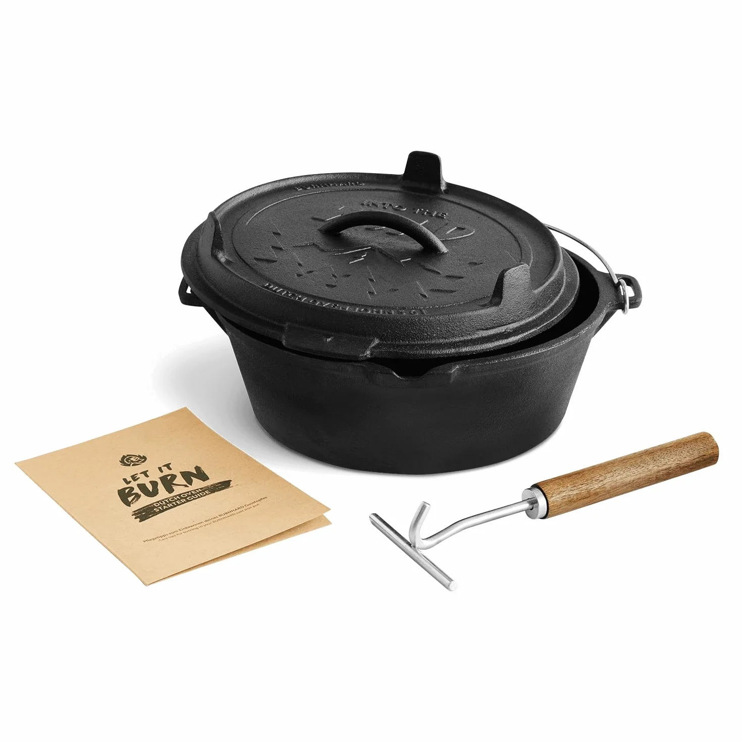 Dutch Oven BURNHARD® in ghisa, 5,6 l capacità, coperchio multifunzione, sollevatore coperchio, per barbecue e focolare, ideale per stufati – Little John