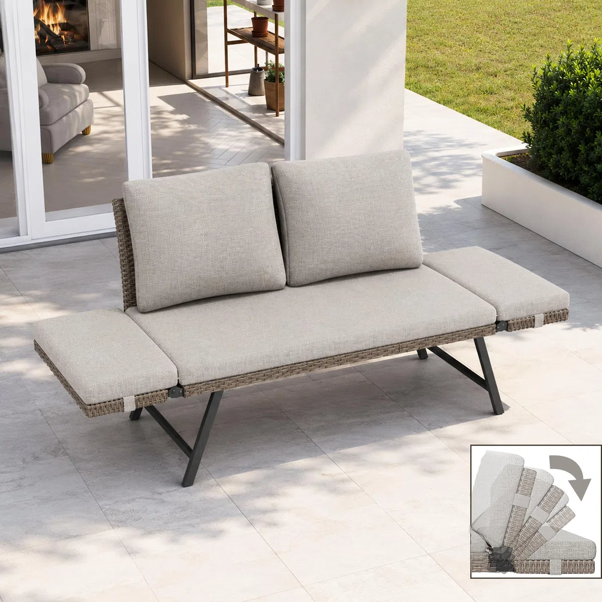 Fiutazge Divano Esterno in Polyrattan con Braccioli Regolabili,Divano Letto Convertibile 2 Posti con Cuscini Morbidi,Panchina da Esterno per Giardino, Balcone, Terrazzo e Portico-Beige