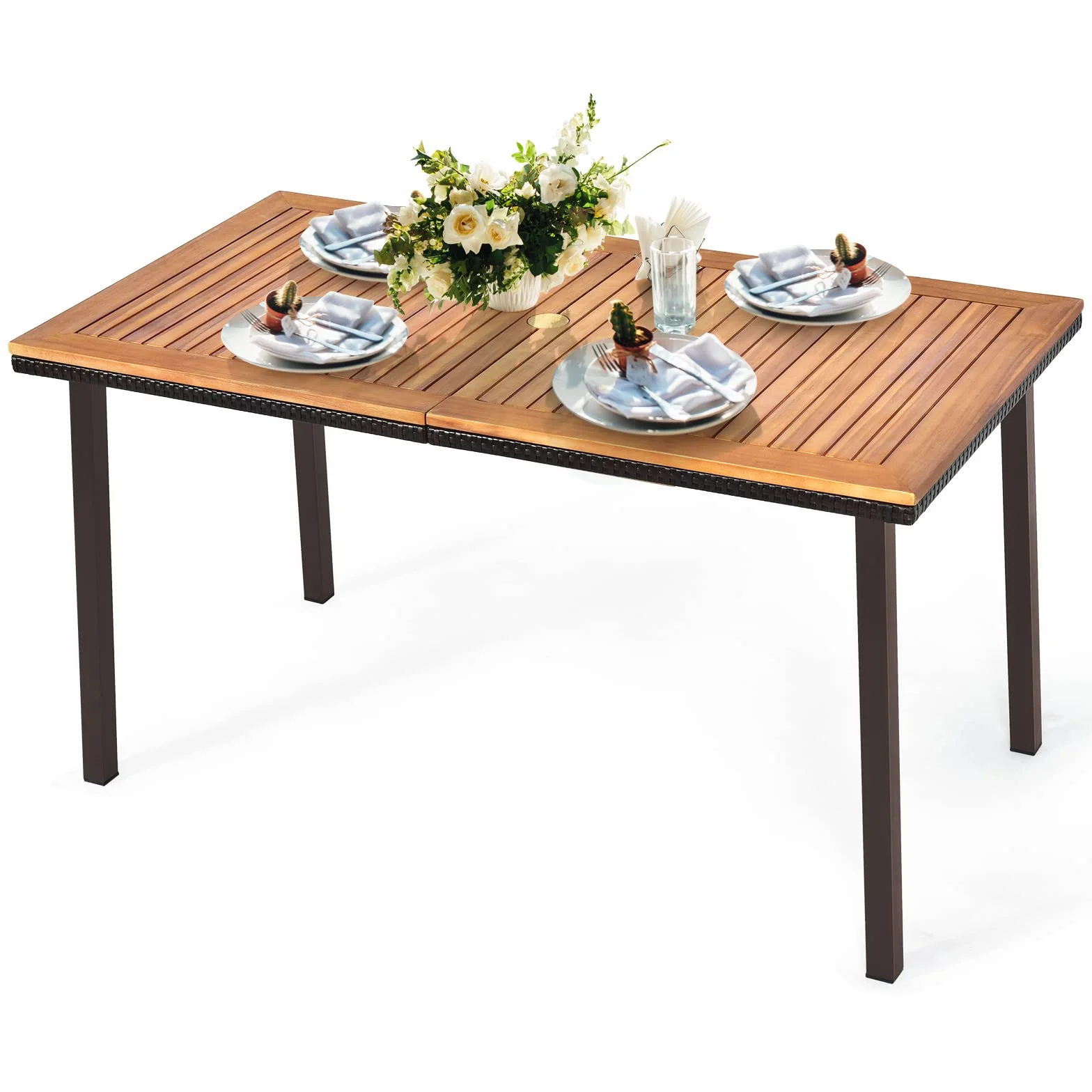 KOMFOTTEU Tavolo da Giardino Rettangolare con Foro per Ombrellone, Tavolo da Esterno in Legno di Acacia, Tavolo da Pranzo con Gambe in Metallo per 6-8 Persone, 140 x 75 x 76 cm