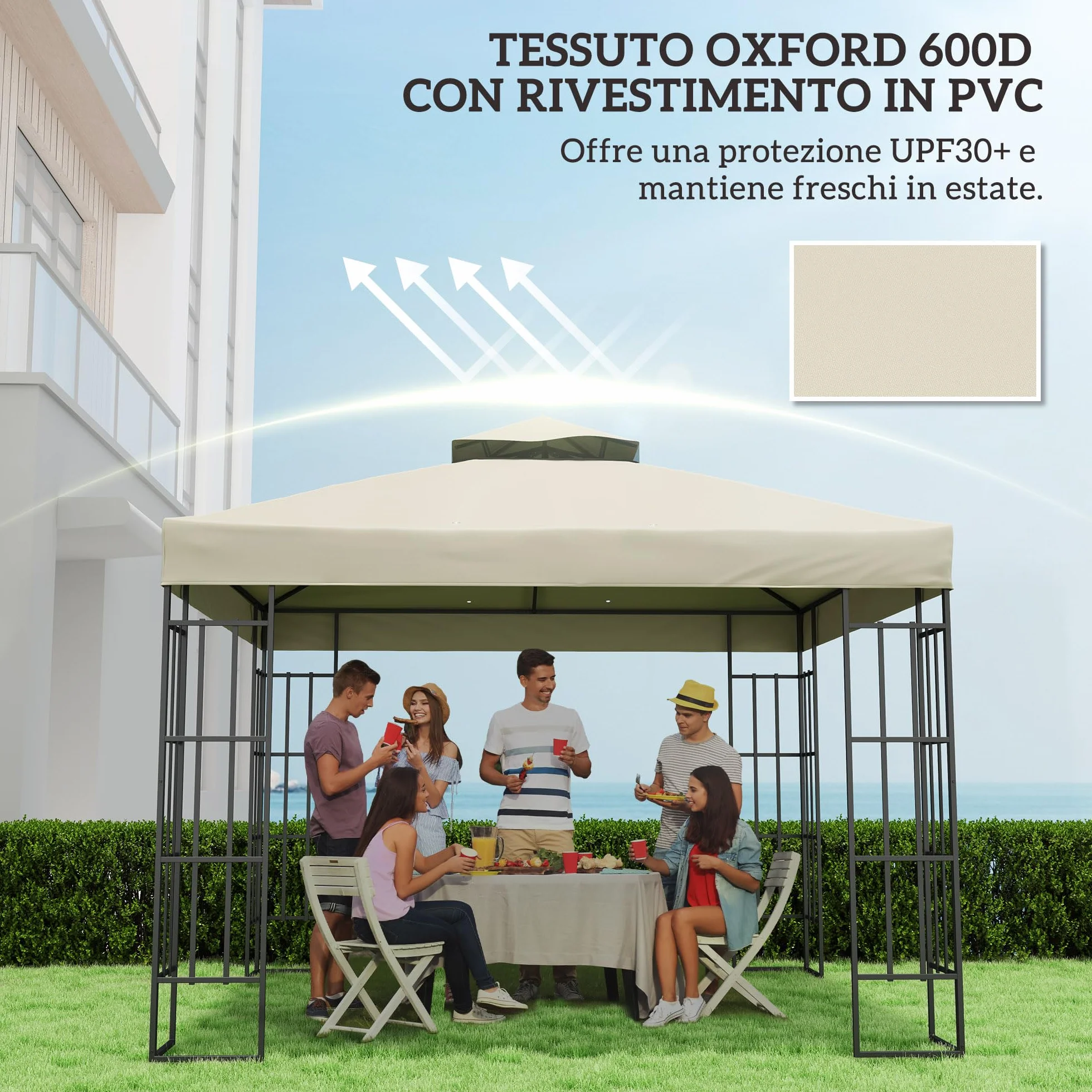 Outsunny Tetto di Ricambio per Gazebo 3x3 m 2 Livelli, Telo Copertura Resistente all'Acqua in Tessuto Oxford 370g/㎡ Anti-UV 30+ con Fori di Drenaggio, Crema