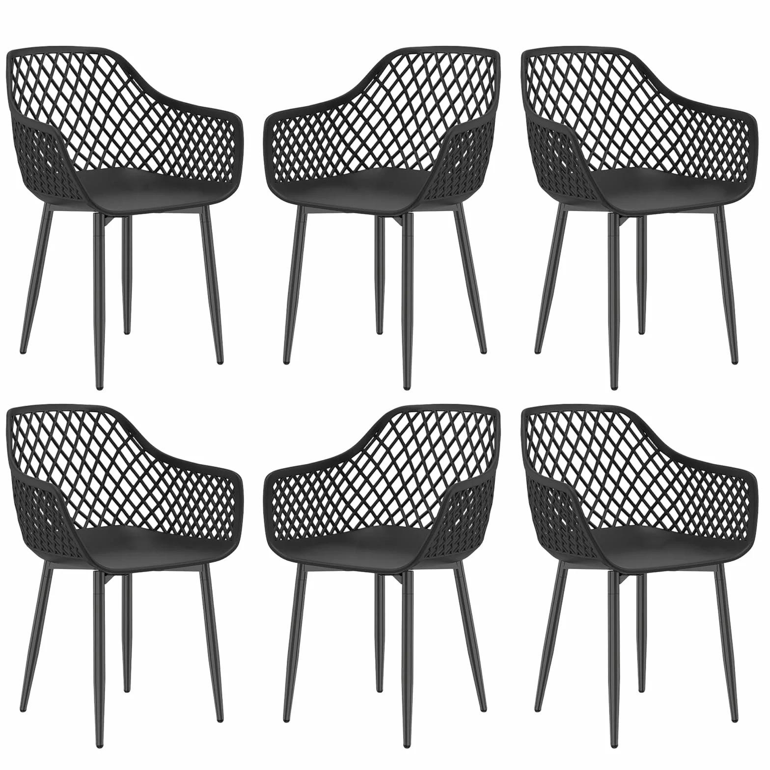 Set 6 Sedia Giardino Esterno PP Metallo Braccioli 120 kg Nero