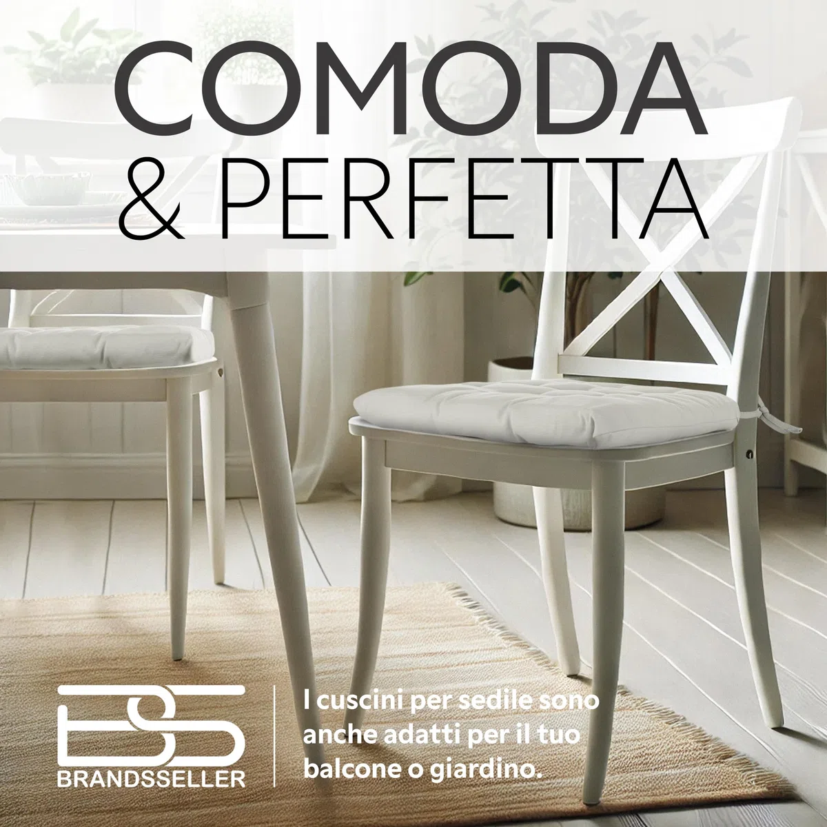 Brandsseller Set di 4 Cuscino per sedia 40x40 cm Imbottito con Cinturini di Fissaggio Bianco