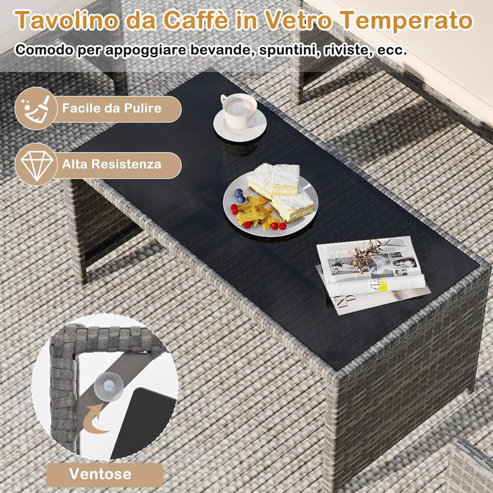 SOARS Set Mobili da Giardino in Rattan PE, Divano 2 Posti, 2 Poltrone, Tavolino Vetro, 4 Posti, Grigio+Bianco
