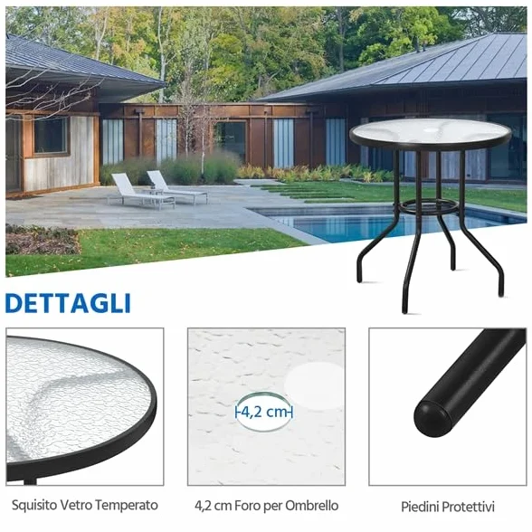 Yaheetech Tavolo da Giardino Rotondo in Vetro Diametro 70 cm con Foro Ombrellone Altezza 73 cm Nero