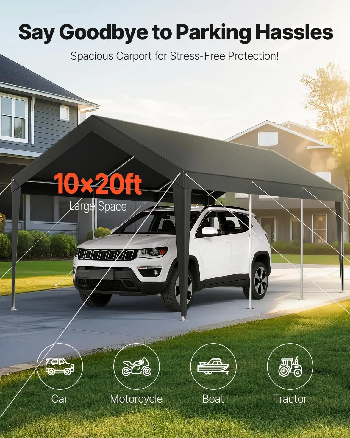 VEVOR Posto Auto Coperto Esterno, Riparo per Auto 3,05 x 6,09 x 2,87 m, Tettoia Potabile con Pareti Laterali e Porta Rimovibili, Resistente ai Raggi UV e all'Acqua, per Auto e Barca, Grigio