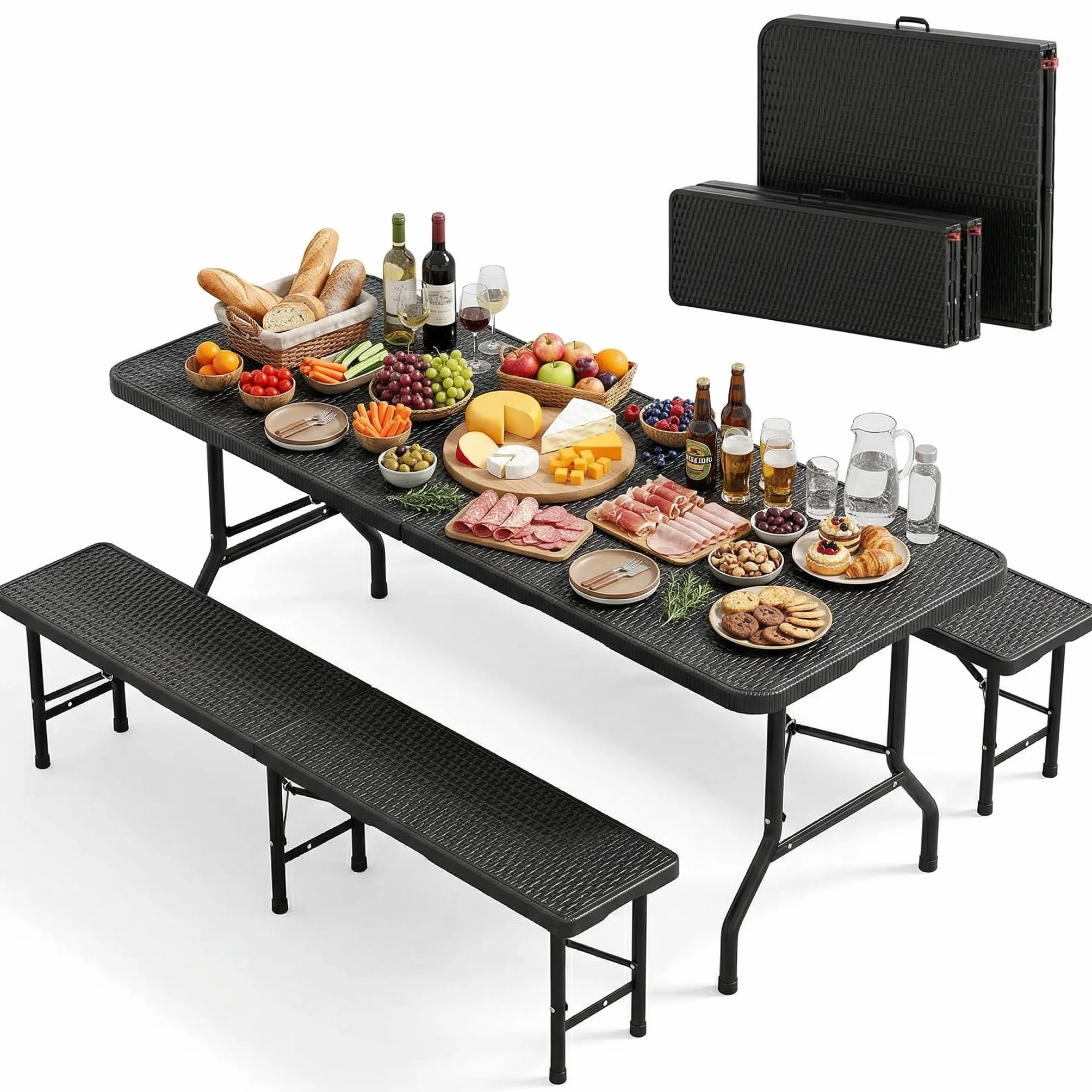 JUMMICO Tavolo Giardino e Sedie da Esterno Set Pieghevole Effetto Rattan HDPE 300kg