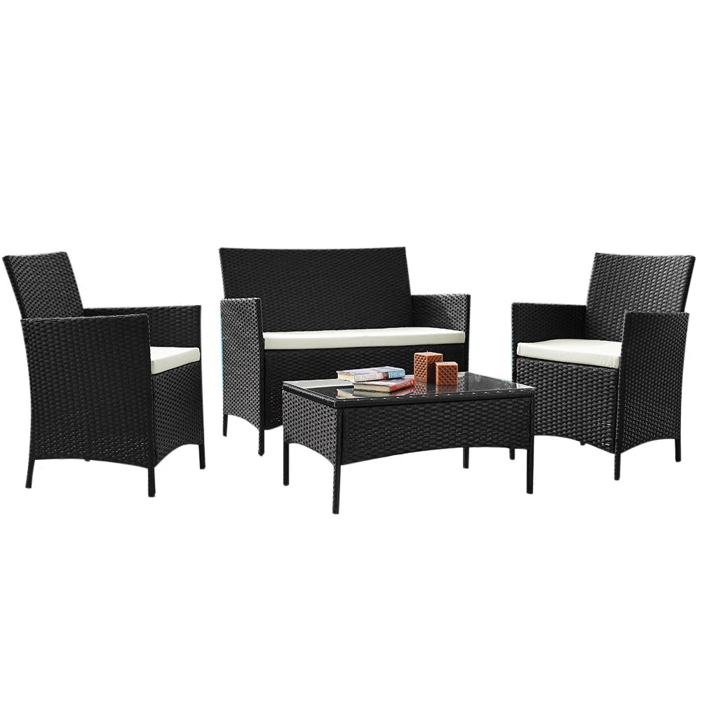 BAKAJI Set Salotto Completo di Divano 2 Poltrone e Tavolino in Vetro e Poly Rattan Struttura in Acciaio con Cuscini Sfoderabili Arredo Giardino Terrazzo Nero