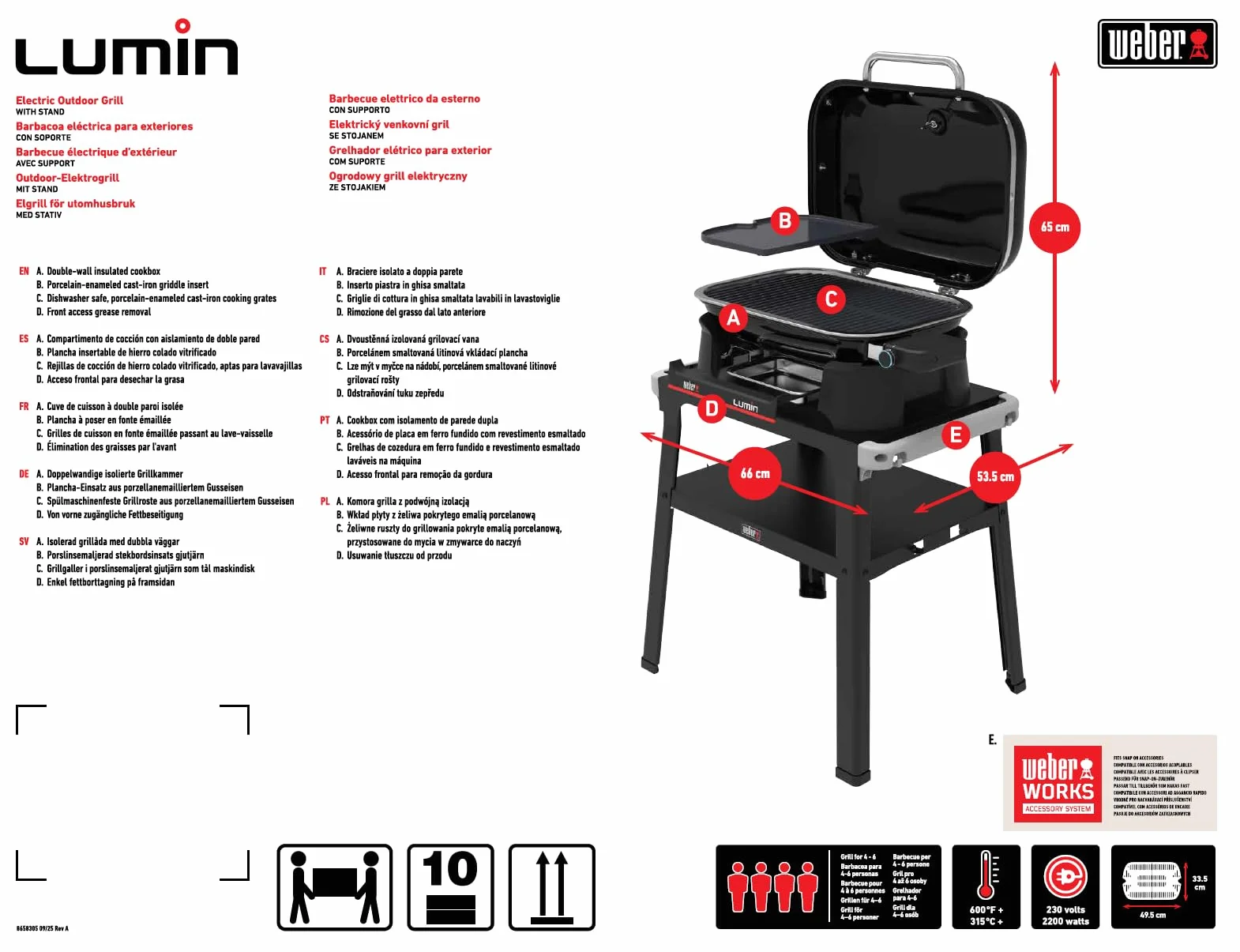 Weber Lumin Barbecue Elettrico 315°C Griglie Ghisa Smaltata Porcellana 33x49 cm Nero