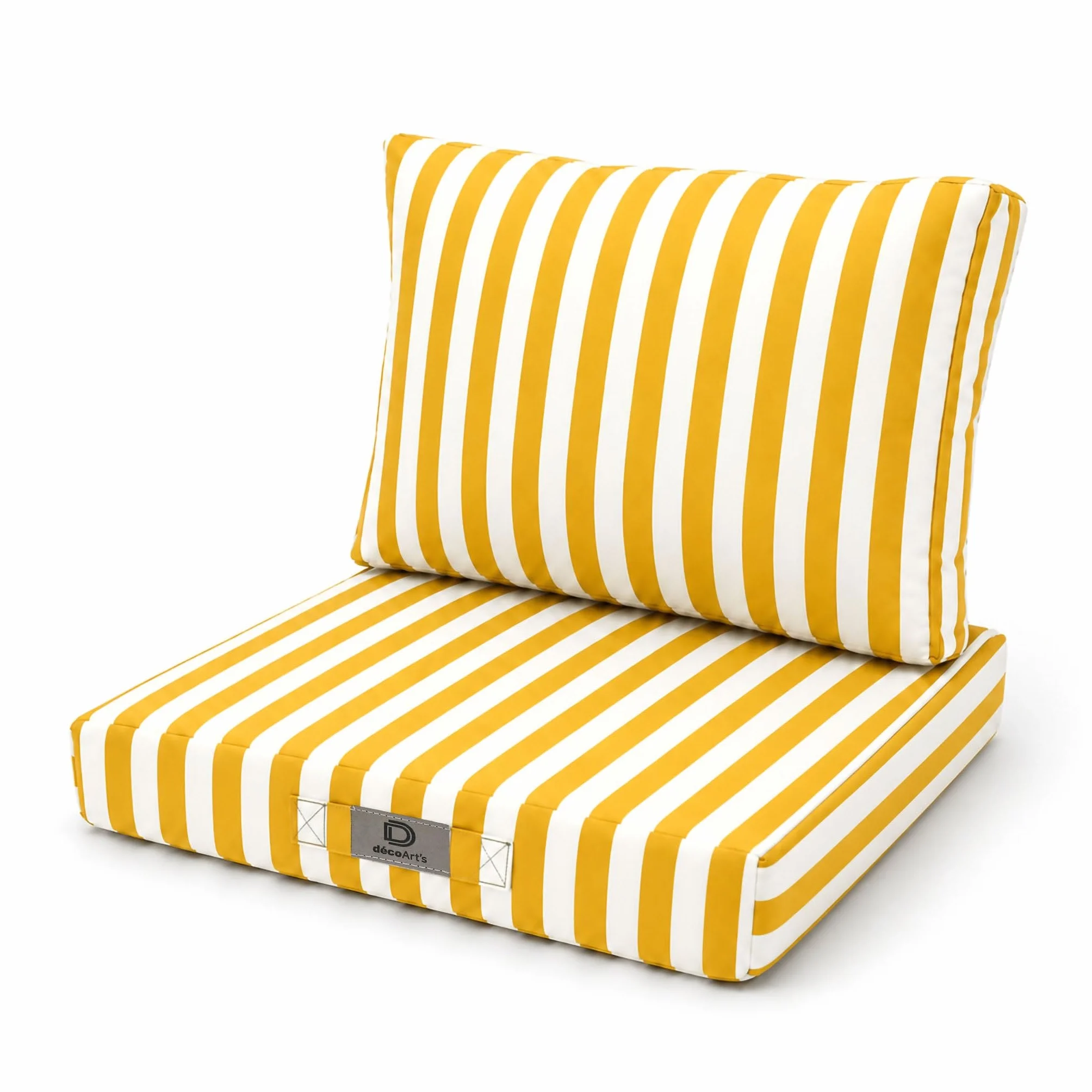 Déco Arts — Set di 2 Cuscini Sfoderabili Salotto Giardino 60x60 — Seduta 60x60 + Schienale 60x35 cm — Impermeabile Anti-UV — Ricambio Mobili Giardino Terrazzo Balcone Veranda — A Righe Gialle