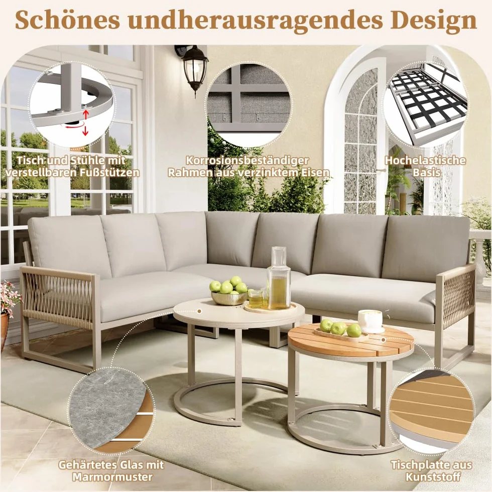 Set salotto da giardino, set di mobili per 6-7 persone, divano angolare con struttura in ferro zincato, gambe regolabili, compresi tutti i cuscini di seduta e schienale, beige
