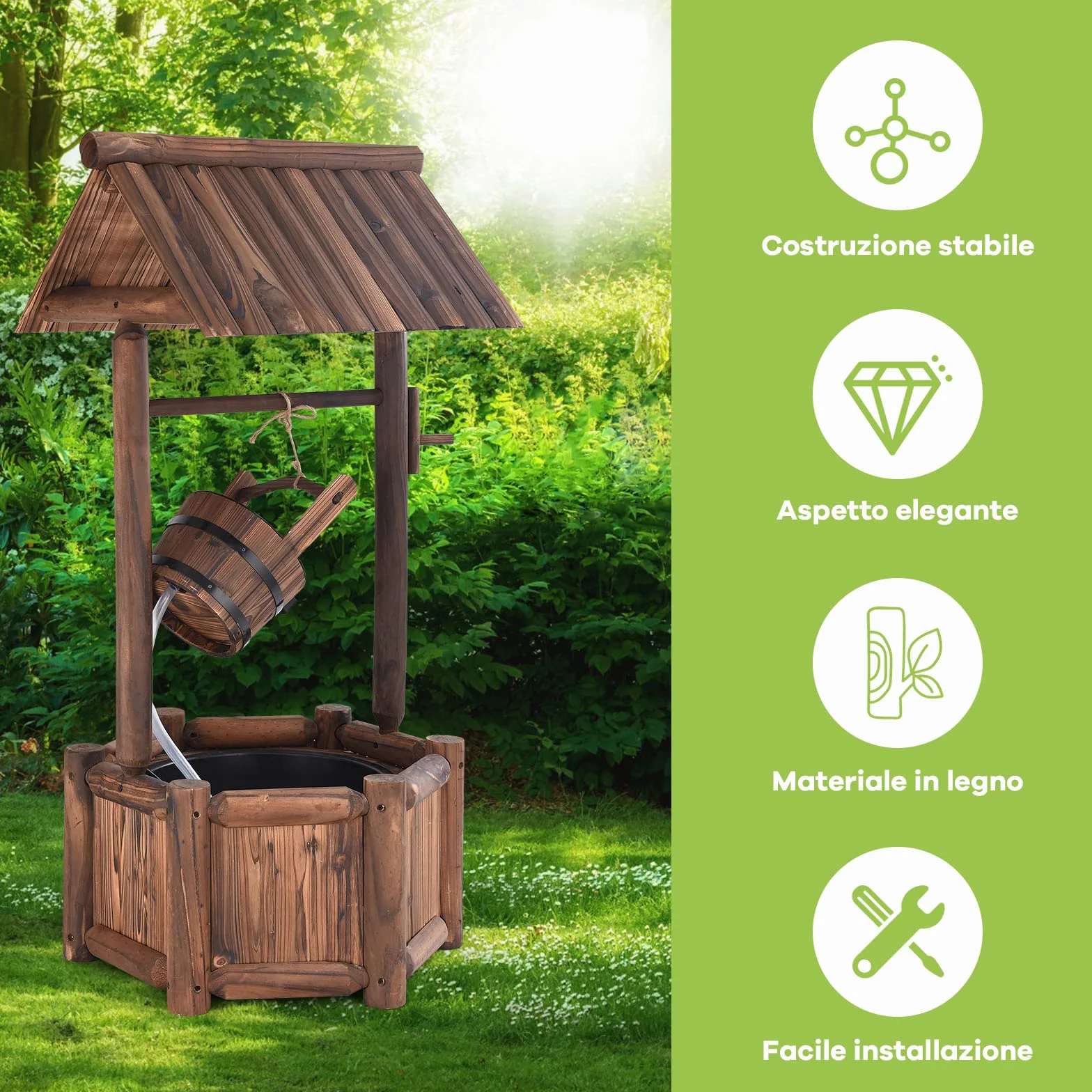 COSTWAY Pozzo da Giardino, Pozzo Decorativo con Pompa Elettrica, in Legno d'Abete, 58,5 x 51 x 117 cm, Marrone (Modello 2)