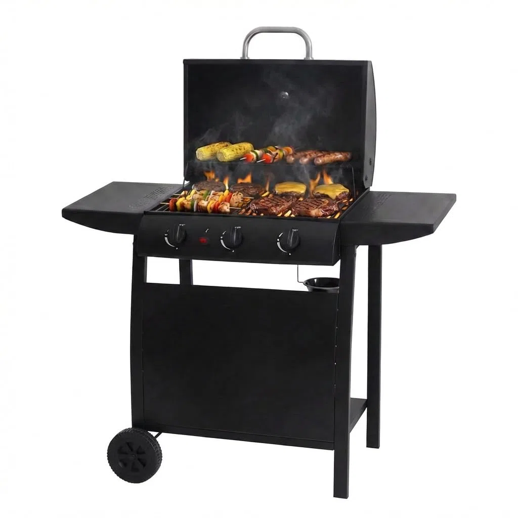 aro Barbecue a Gas 3 Bruciatori Acciaio Nero con Termometro Tavolini Laterali