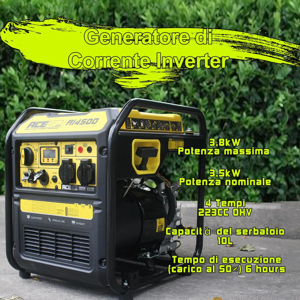 Aceup Energy 3800 Watt Generatore di Corrente Generatore Inverter a Benzina con 2 prese 230V 4 tempi