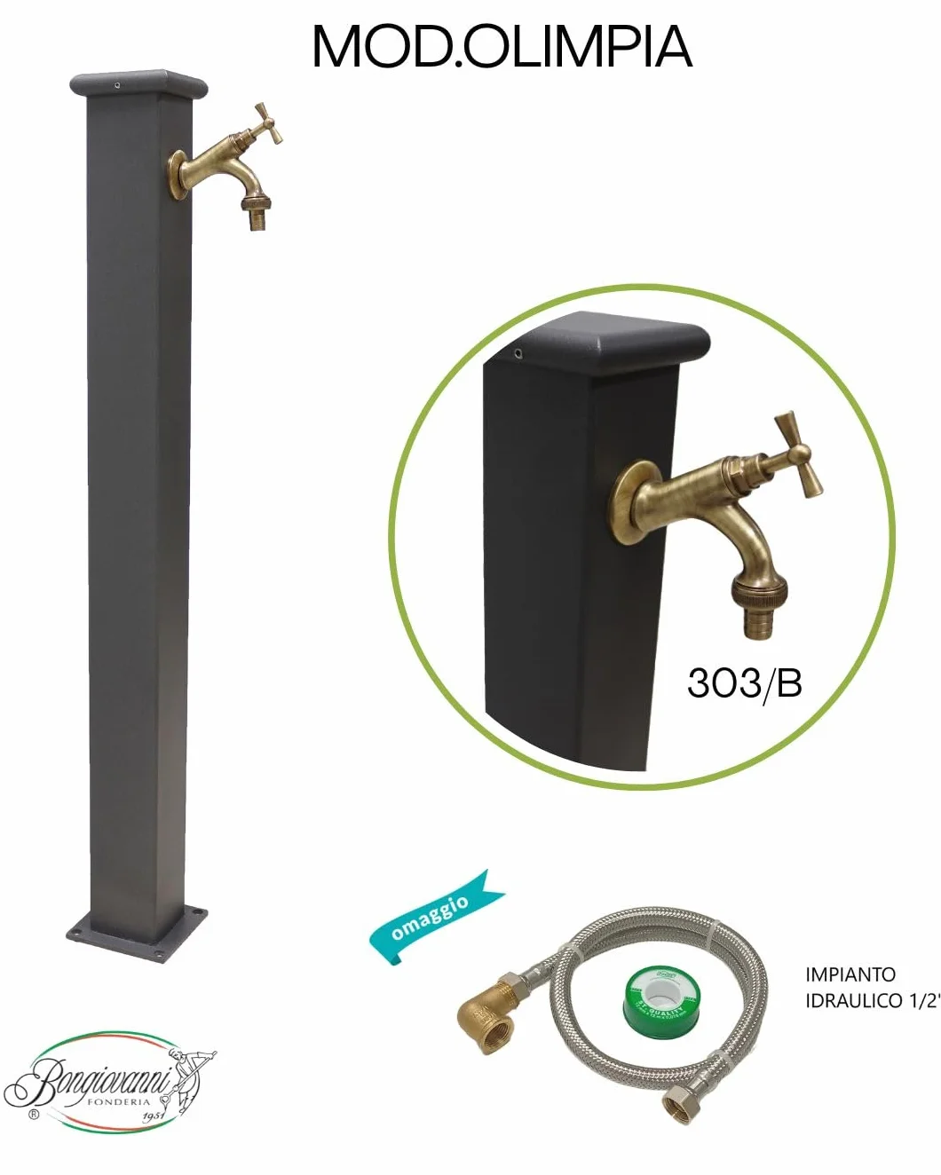 Fonderia Bongiovanni | Fontana a Colonna | Modello Olimpia | per Casa Giardino | con Impianto Idrico | con Rubinetto Ottone Brunito | Fontana Colonna da Giardino Esterno | Fontana da giardino esterno