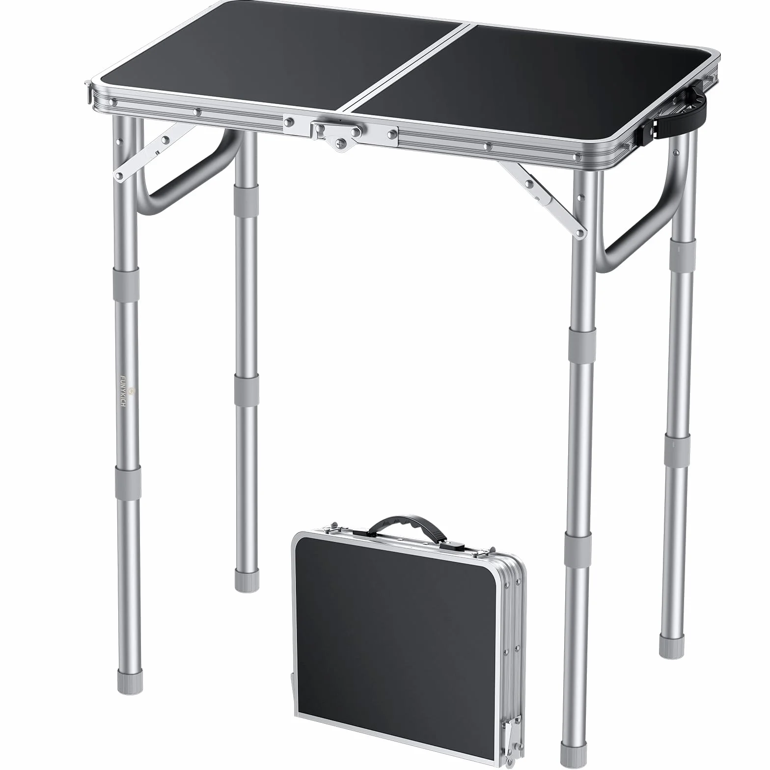 FUNYKICH Tavolo da Campeggio Pieghevole 58x40 cm Alluminio 3 Altezze Regolabili 26/48/70 cm Maniglia Trasporto MDF Argento