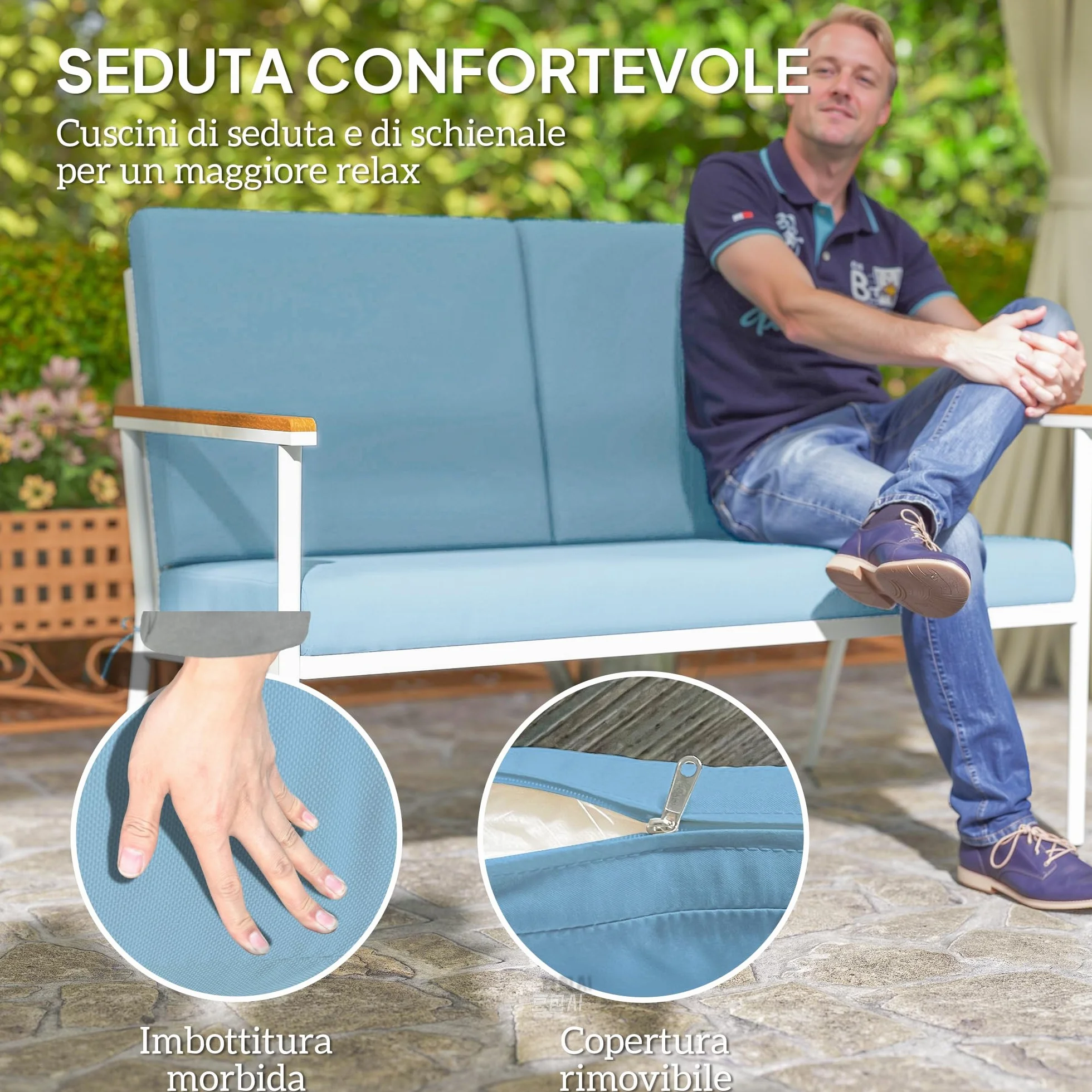 Outsunny Set Salotto da Giardino 5 Pezzi con Divanetto 2 Posti, Poltrone e Tavolino in Vetro, Azzurro