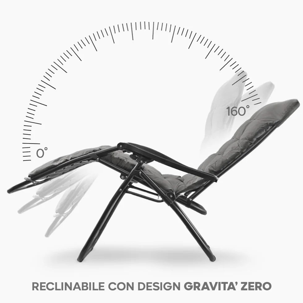 Mediawave Store - Sedia Sdraio Gravità Zero, Sedia Pieghevole con Cuscino Imbottito, Sedia con Schienale Reclinabile, Sedia Giardino, Acciaio, Textilene, Richiudibile, Sedia Gravity (1, Grigio)