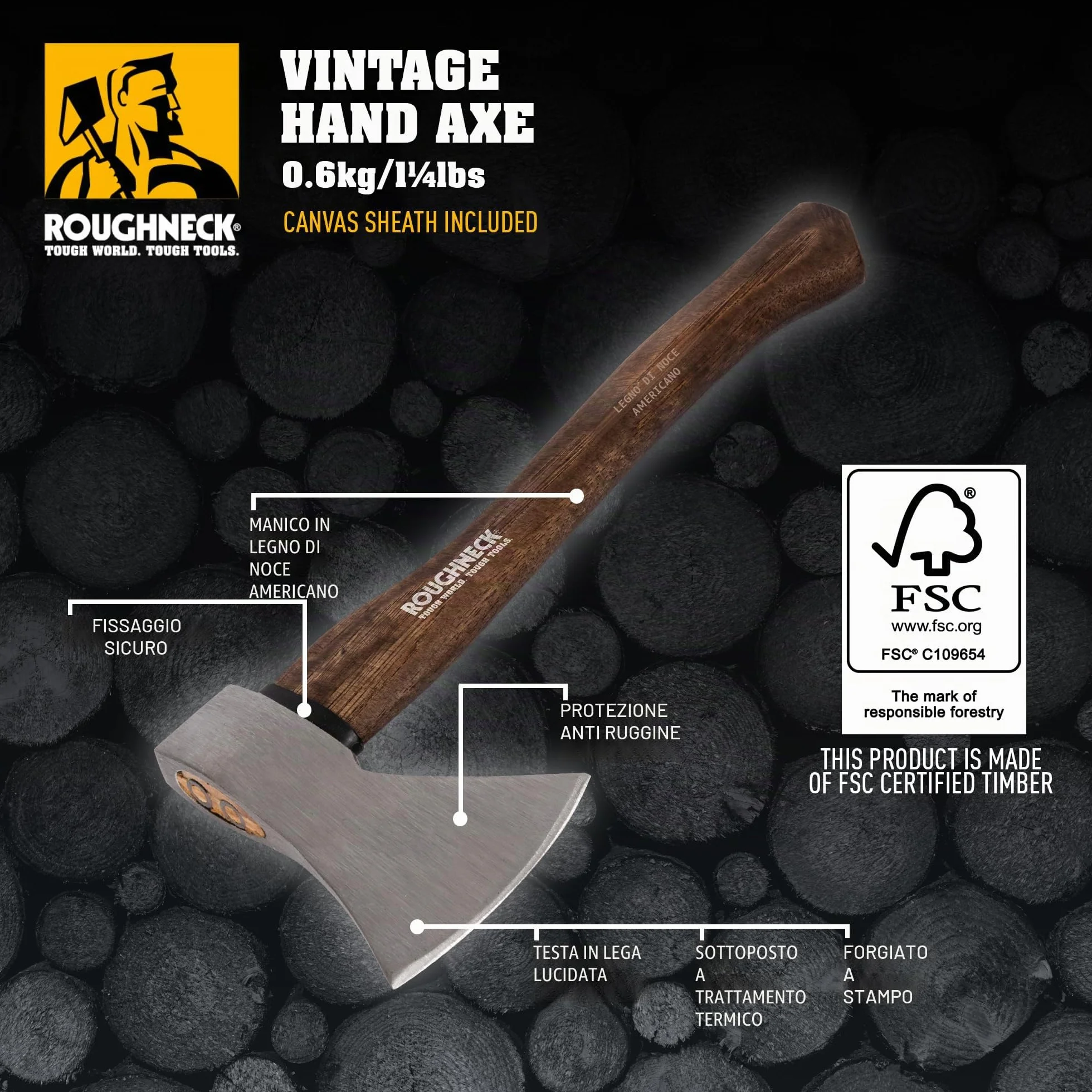 Roughneck rou65670 Ascia con manico in legno di noce americano, stile vintage, 600 g