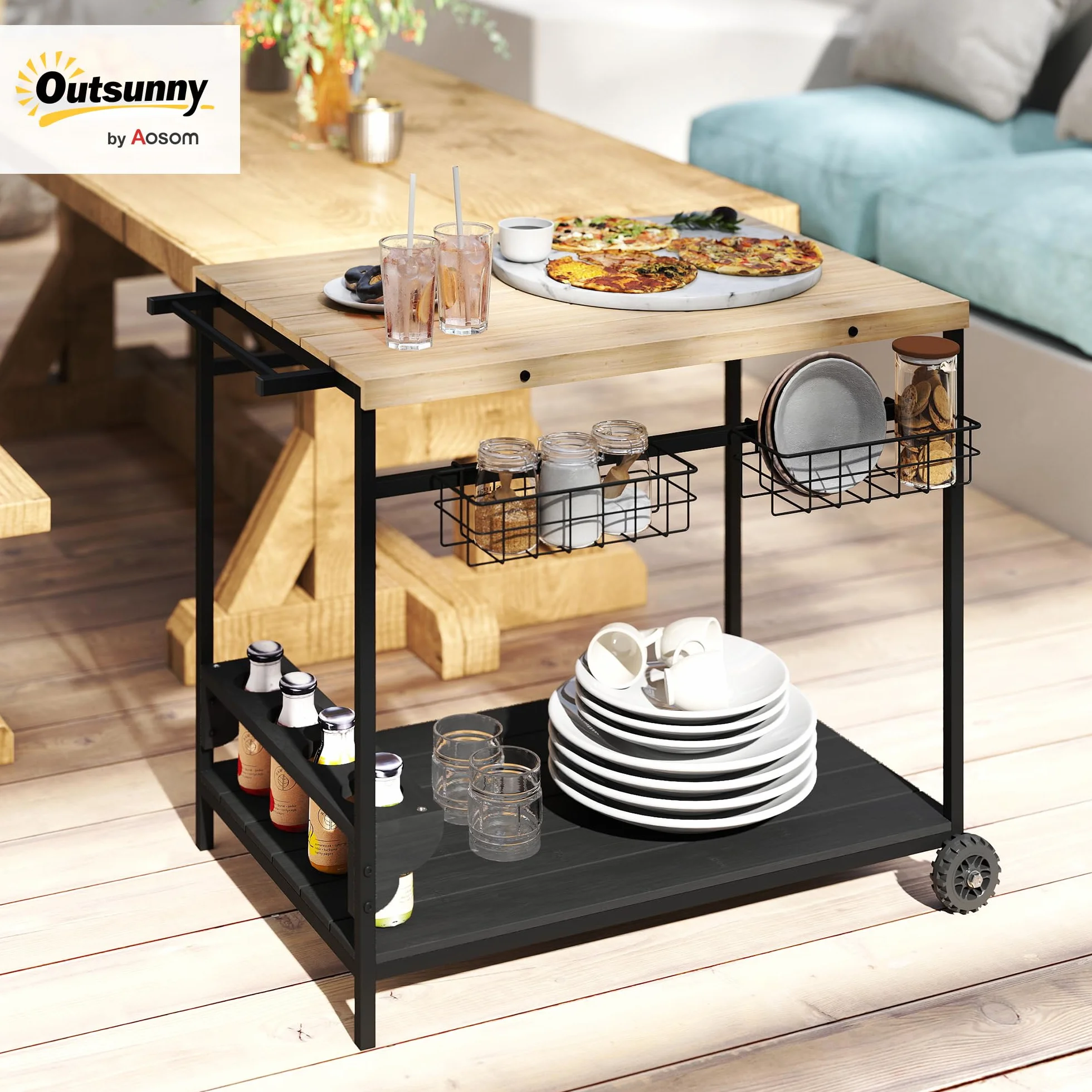 Outsunny Carrello da Giardino 2 Ripiani Legno Abete 97.5x65x81 cm Nero