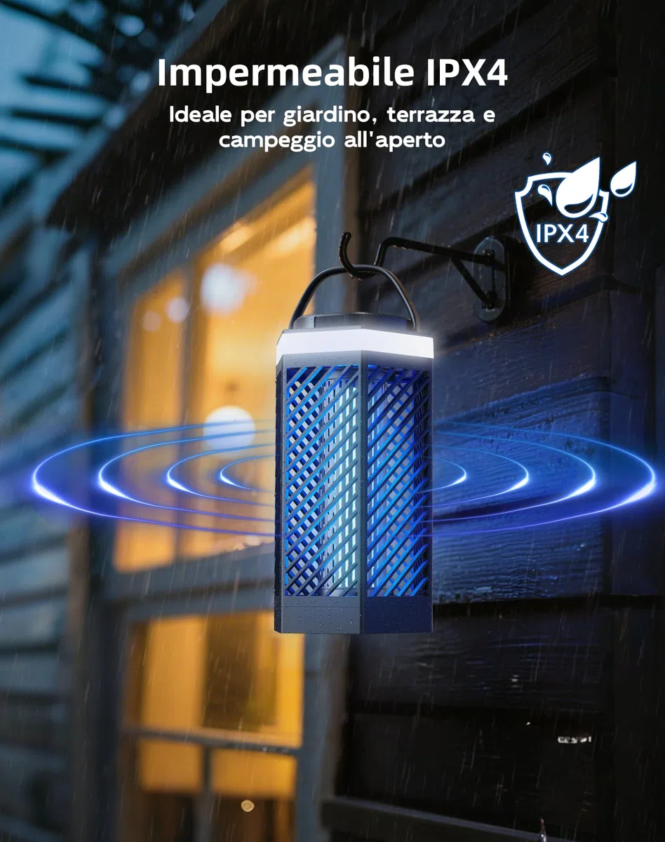 Lampada Antizanzare Elettrica Ricaricabile 8000mAh, Ammazza Zanzare 3 in 1 con Luce LED e RGB, 2000V Trappola per Insetti da Esterno e Interno, IPX4 Impermeabile per Casa, Camping