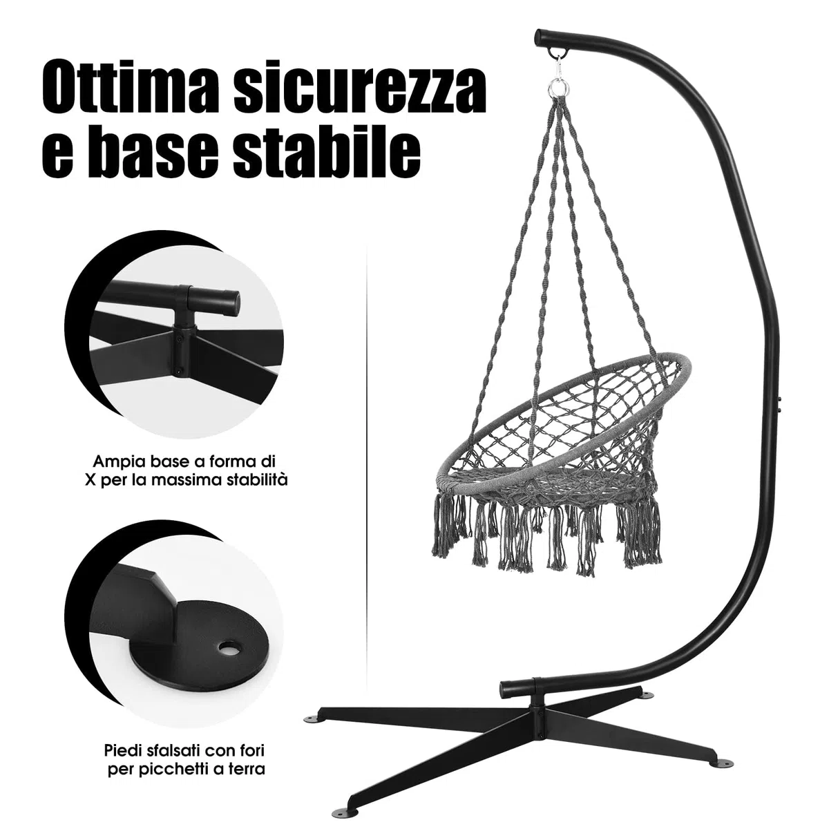 GYMAX Supporto Struttura per Sedia a Dondolo, Sostegno Metallico per Poltrona Sospesa, Portata di 150 kg, Telaio Ferro a Forma di C, Base Universale e Stabile, 111 x 84 x 207 cm