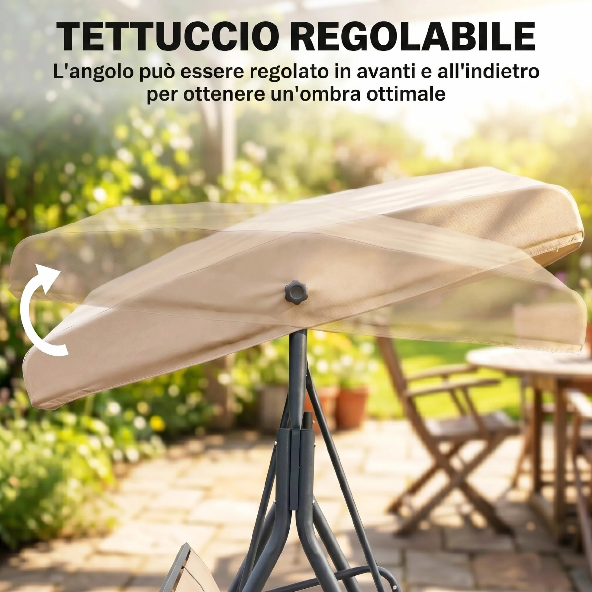 Outsunny Dondolo da Giardino 3 Posti con Tettuccio Parasole Regolabile, Dondolo da Esterno con Seduta Traspirante in Poliestere e Telaio in Acciaio, Portata 200 kg, Anti UV, 175x118x159 cm, Beige