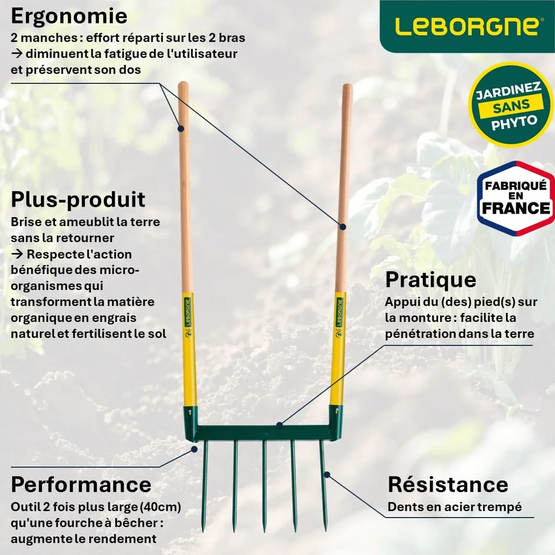 Leborgne, Biogrif Grelinette 5 Denti saldati Naturovert Strumento da Giardinaggio in Acciaio temprato e Legno, Modello 320321, Lunghezza 40 cm, Ideale per lavori di Suolo e Giardinaggio Ecologico
