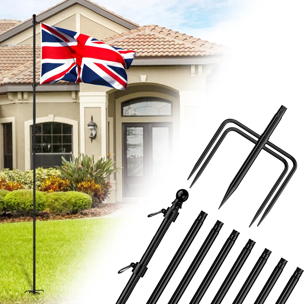 ZMTECH Asta per bandiera da giardino 300 cm con supporto a 5 rebbi kit per esterni nero