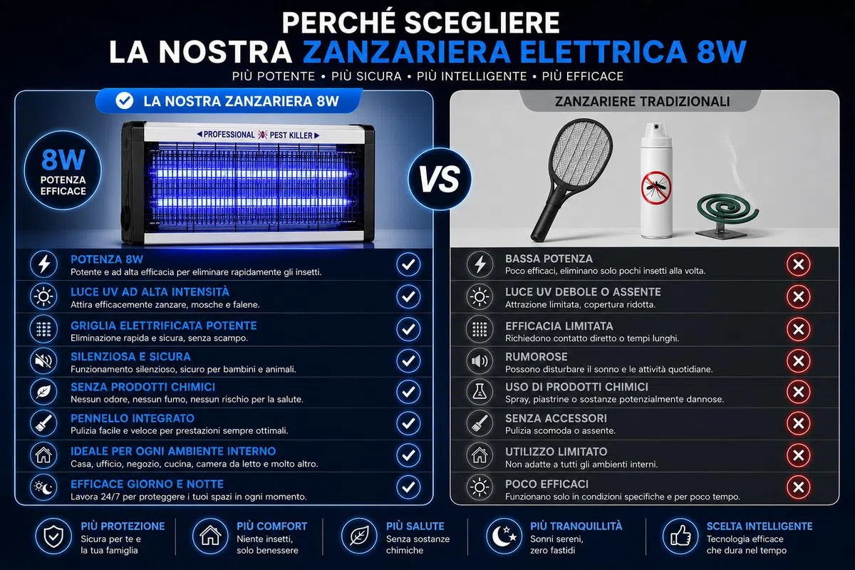 Lampada Antizanzare Elettrica 8W LED UV, Ammazza Zanzare e Antimosche con Pennello Integrato, Zanzariera Elettrica Silenziosa, Copertura fino a 40 m²