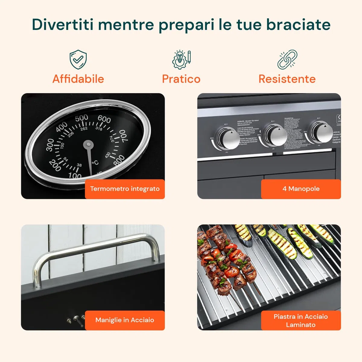 Avilia Barbecue a Gas GPL 3 Fuochi Fornello Laterale Griglia Acciaio Piastra Ghisa BBQ Termometro