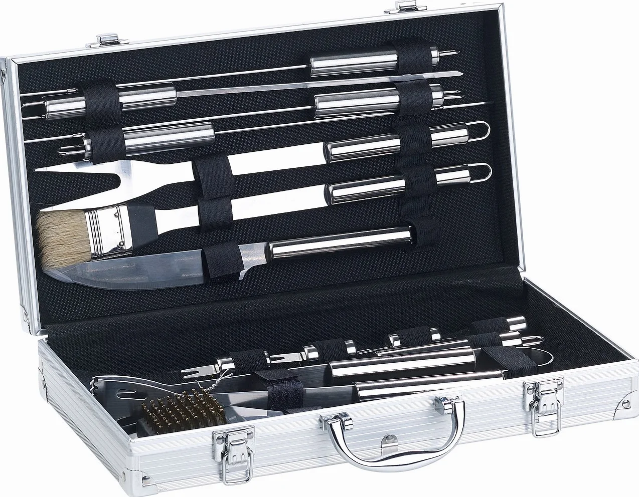 Rosenstein & Söhne Giardino e Giardinaggio Set 14 Pezzi Barbecue Utensili Acciaio Inossidabile Valigia Alluminio Spazzola Pulizia Grill